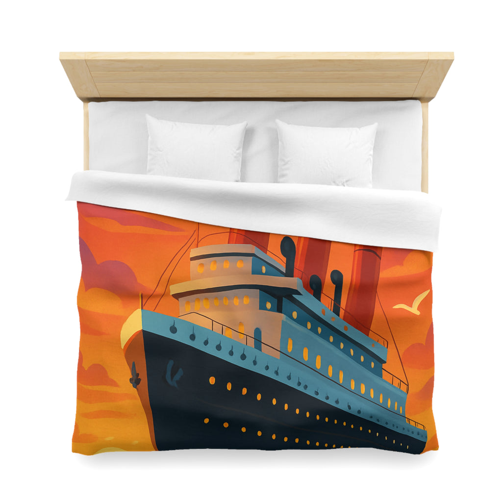 Superbe housse de couette avec paquebot vintage sous un coucher de soleil flamboyant