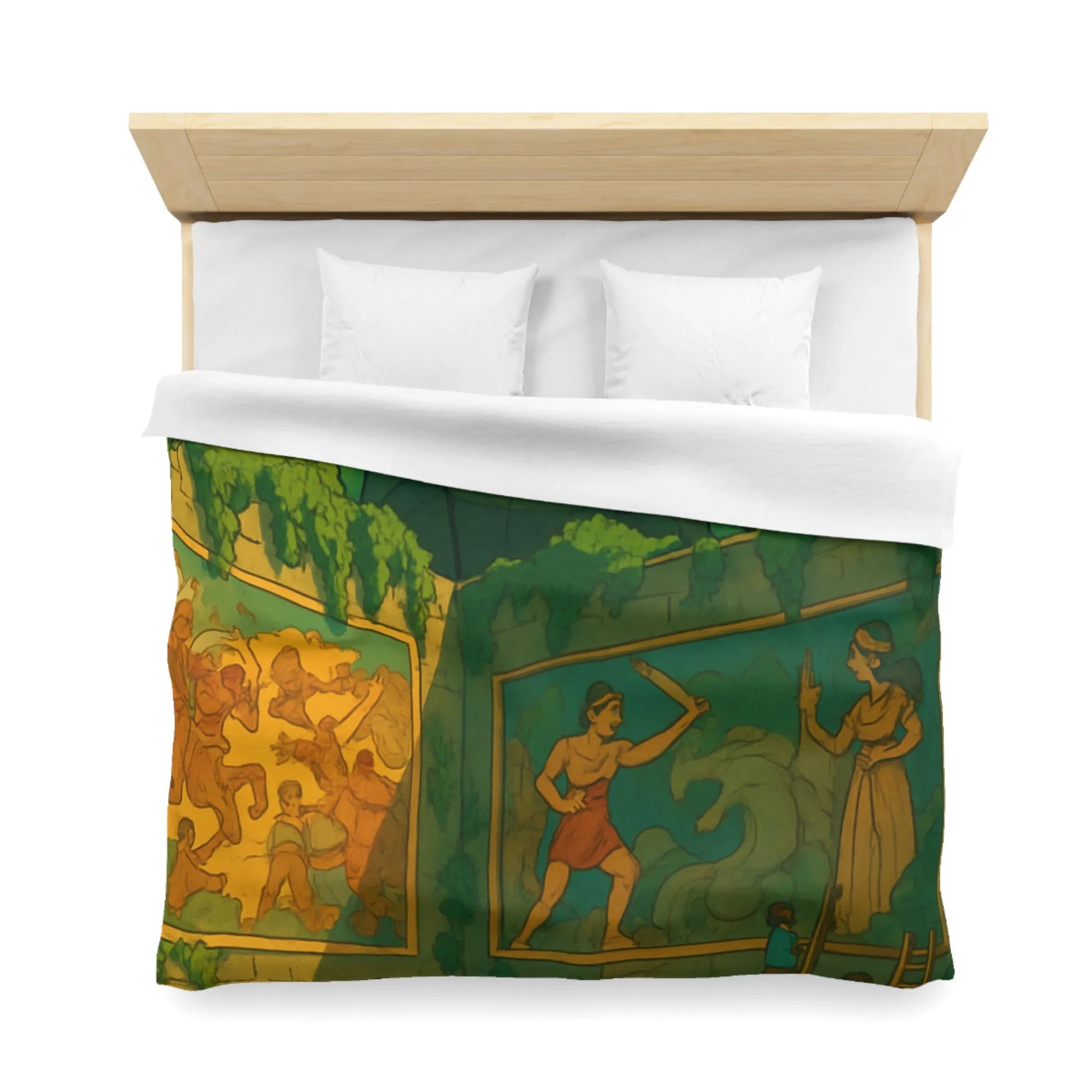 Enchantante parure de lit jardin fantastique avec golem géant et enfants joueurs colorés