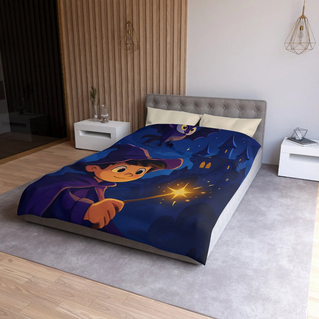 Housse de couette magique pour enfant avec jeune sorcier et château enchanté