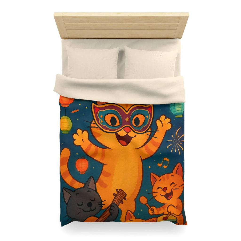 Housse de couette chat joyeux avec masques, lanternes colorées et feux d'artifice