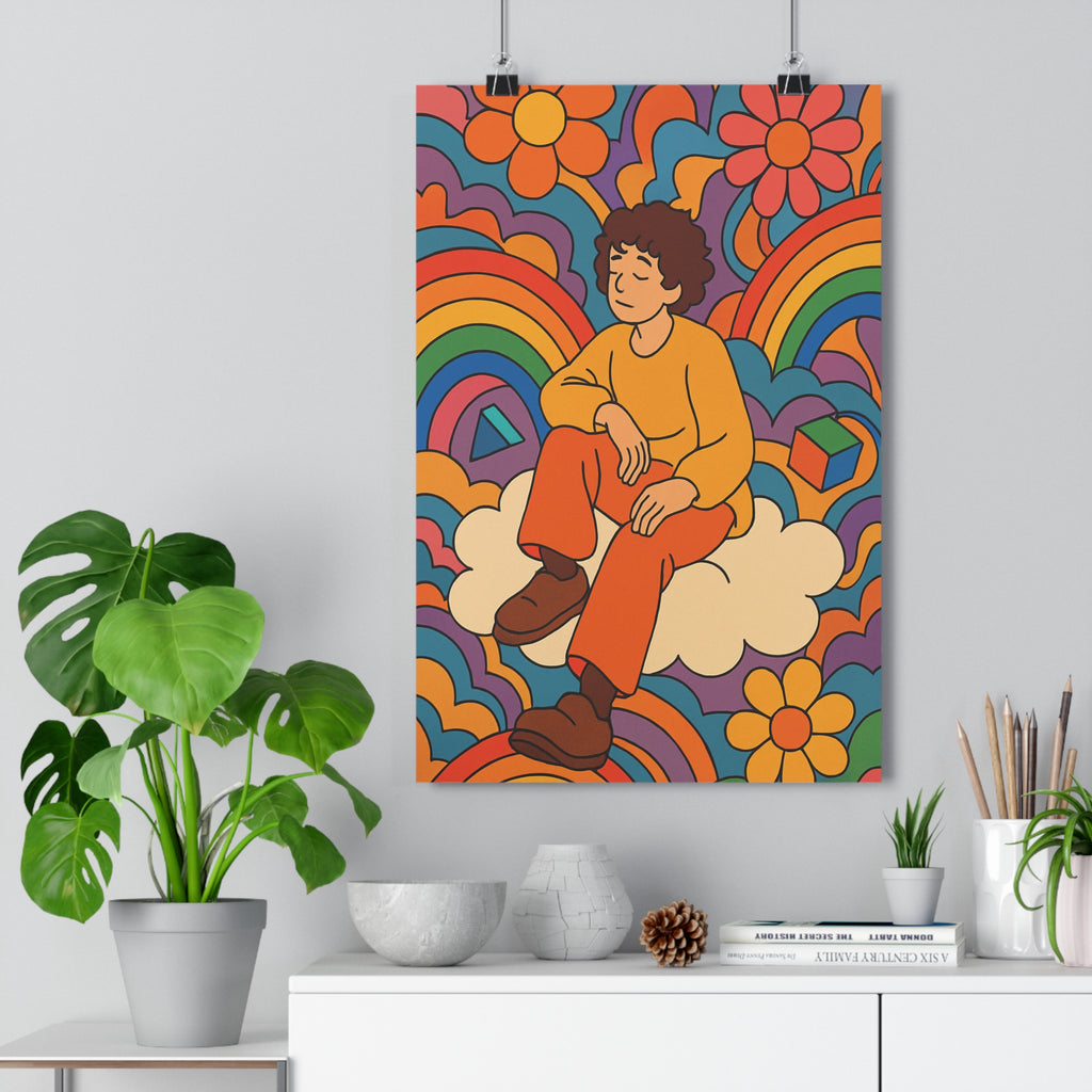 Poster décoratif psychédélique coloré cartoon joyeux bleu violet orange nuage fleurs chambre créatif dynamique