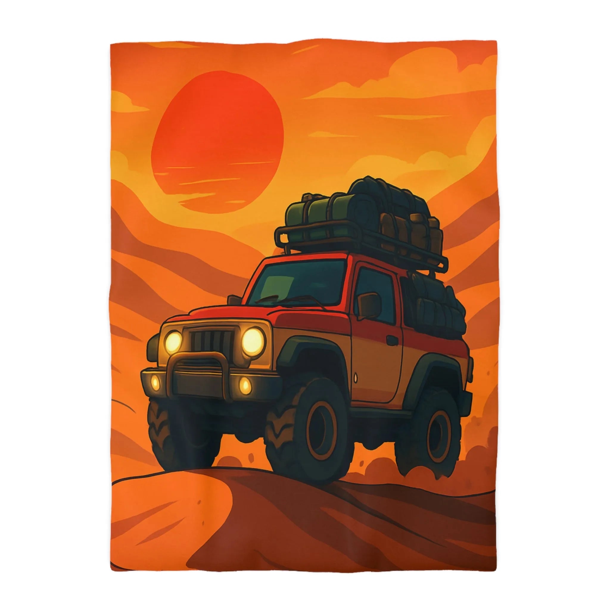 Housse de couette aventure désert rouge avec 4x4 et coucher de soleil éclatant