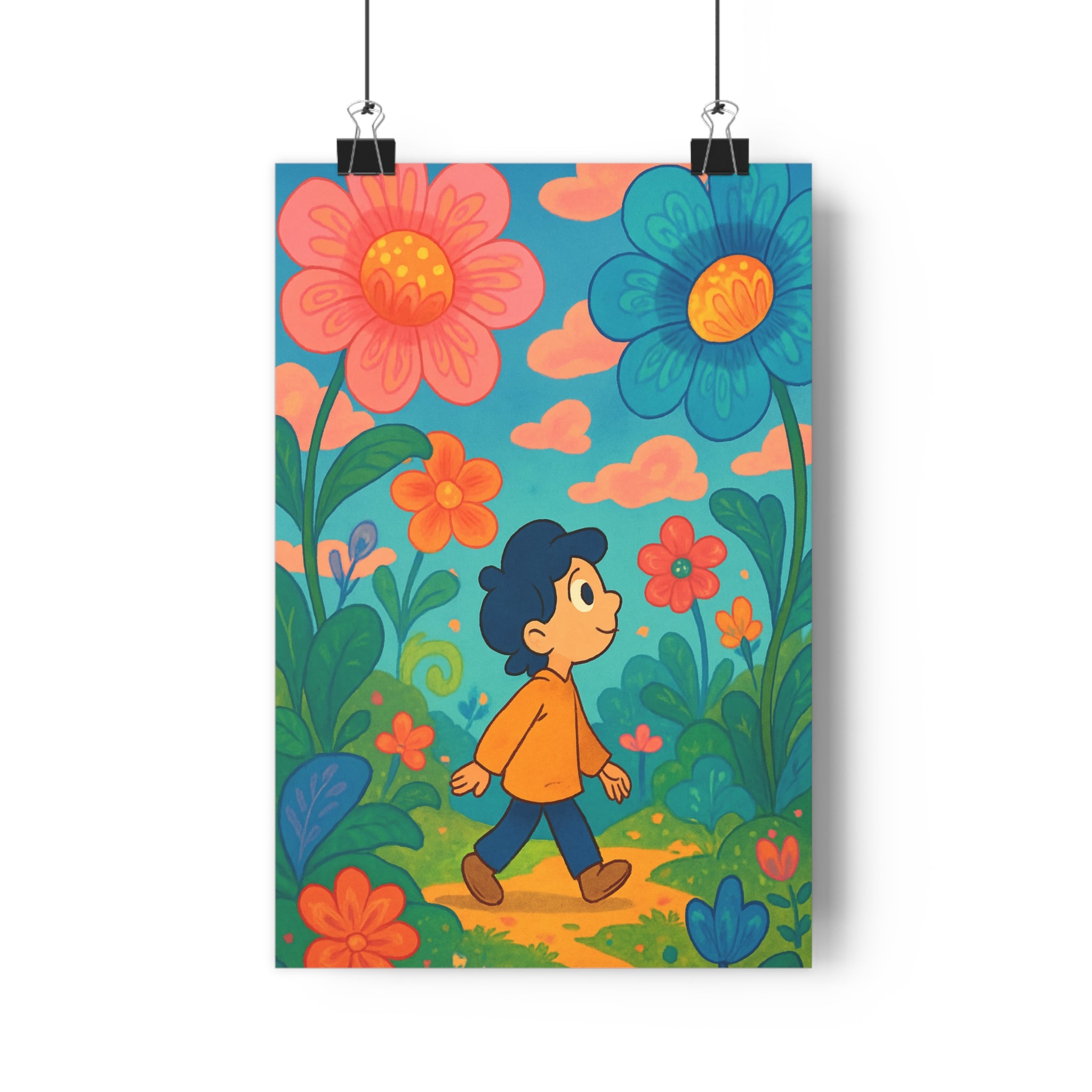 Poster décoratif enchanté jardin enfant pastel joyeux floral féerique coloré chambre scène apaisante ambiance