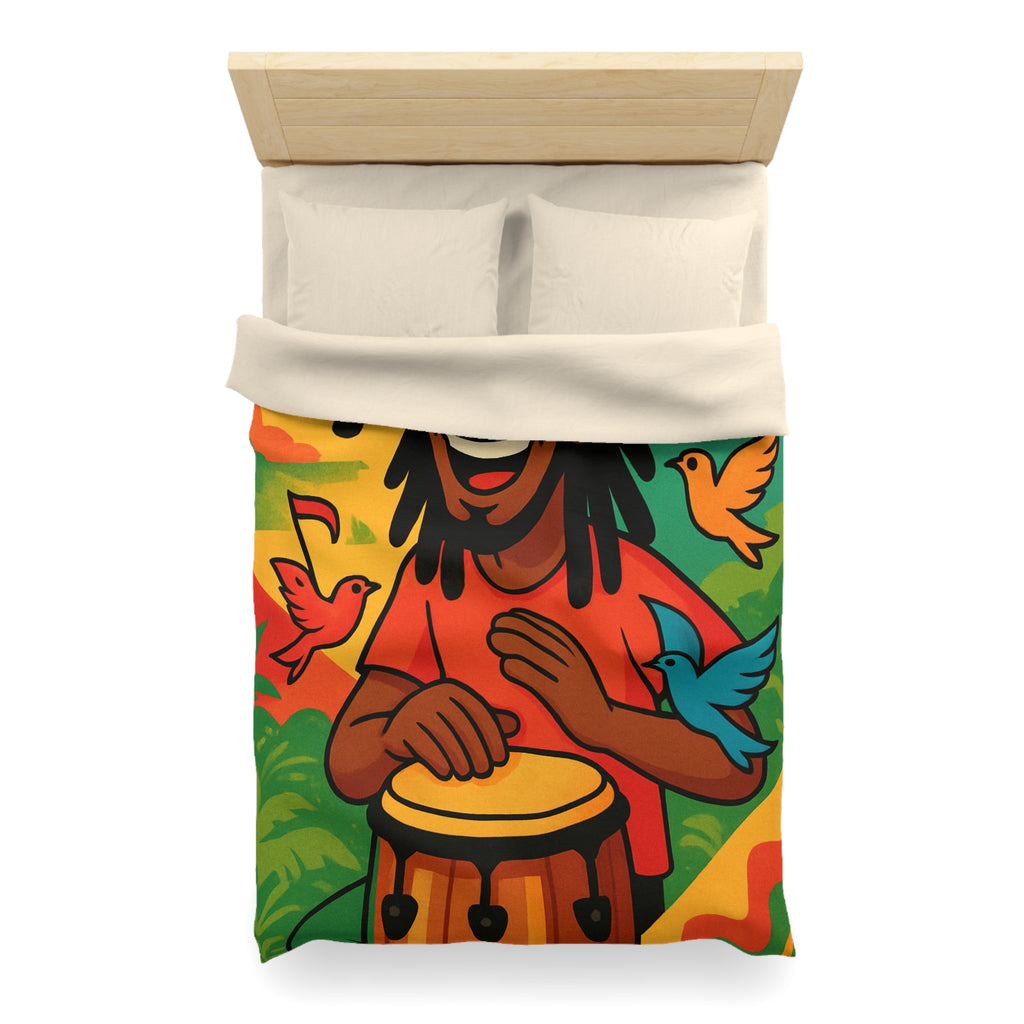 Housse de couette vibrante arc-en-ciel reggae avec tambour, palmiers et oiseaux colorés