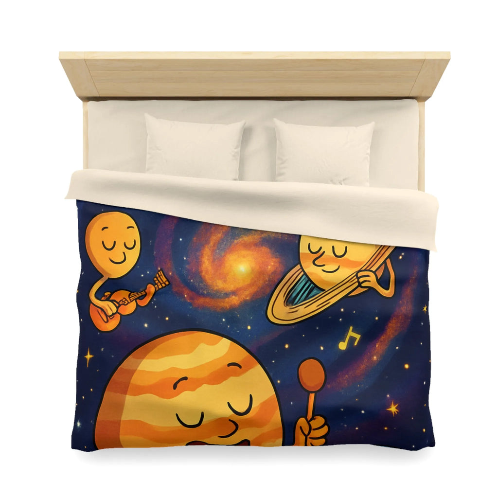 Ensemble joyeux de planètes musiciennes dans l'univers coloré pour housse de couette enfant