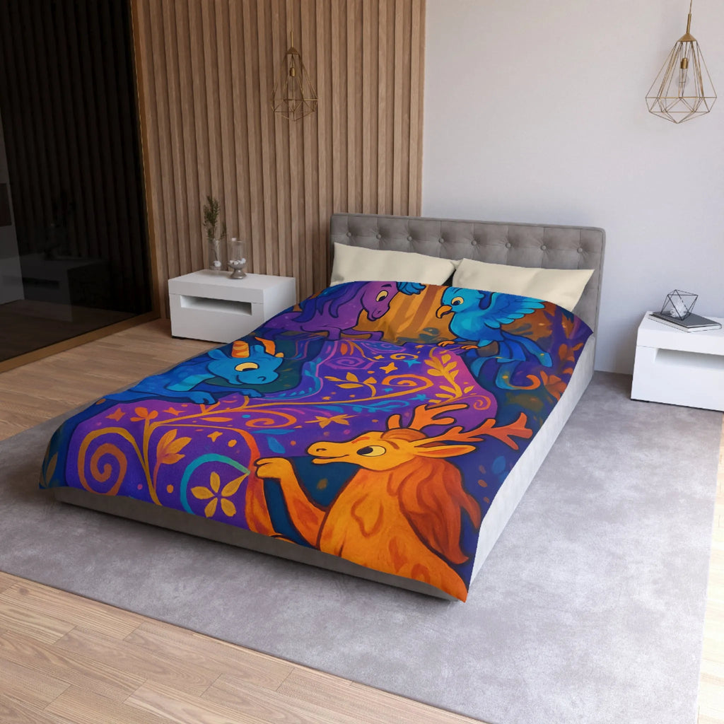 Housse de Couette Féérique Avec Créatures Magiques Colorées et Motif Floral Envoûtant