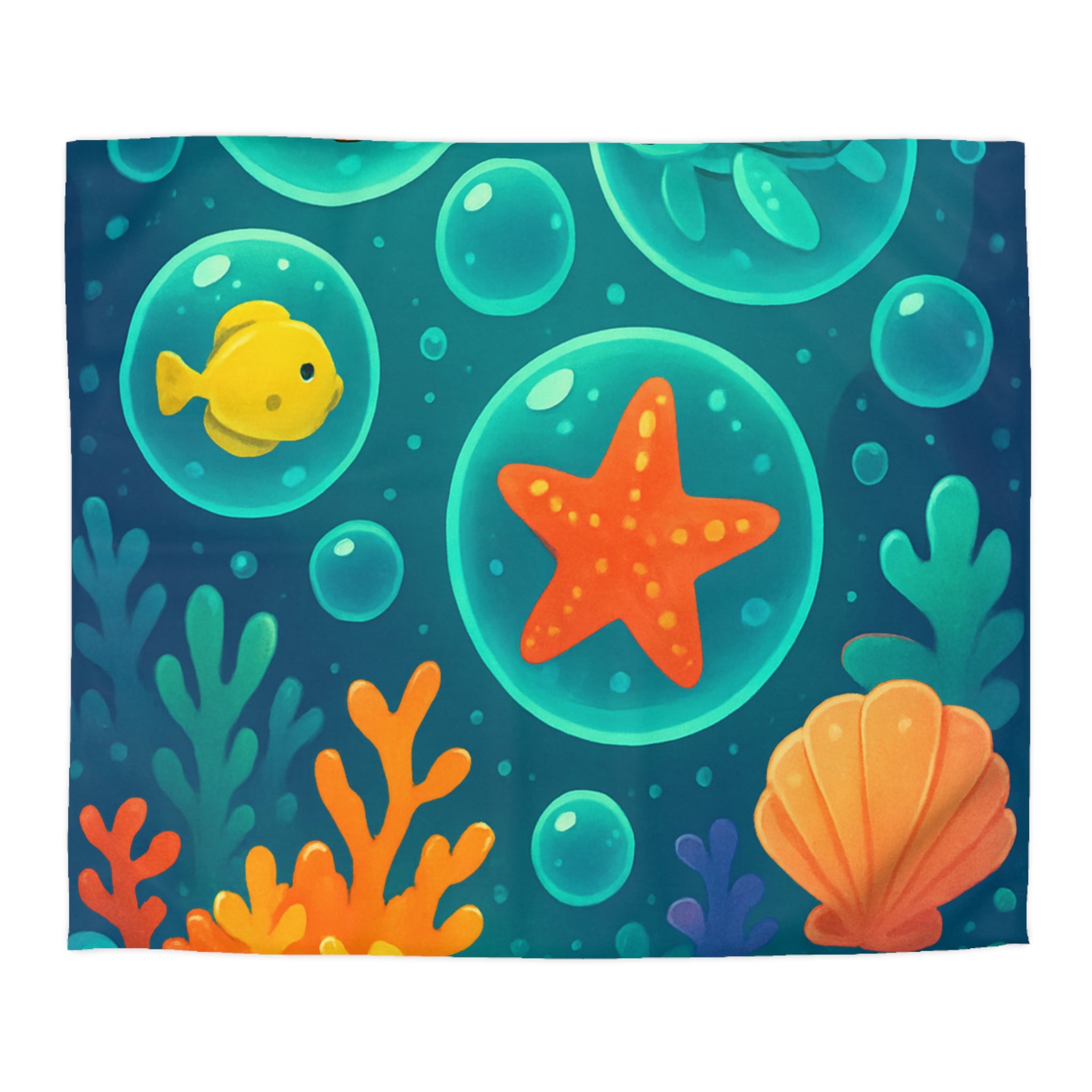 Housse de Couette Océan Animé pour Enfants avec Tortue et Étoile de Mer Mignonne