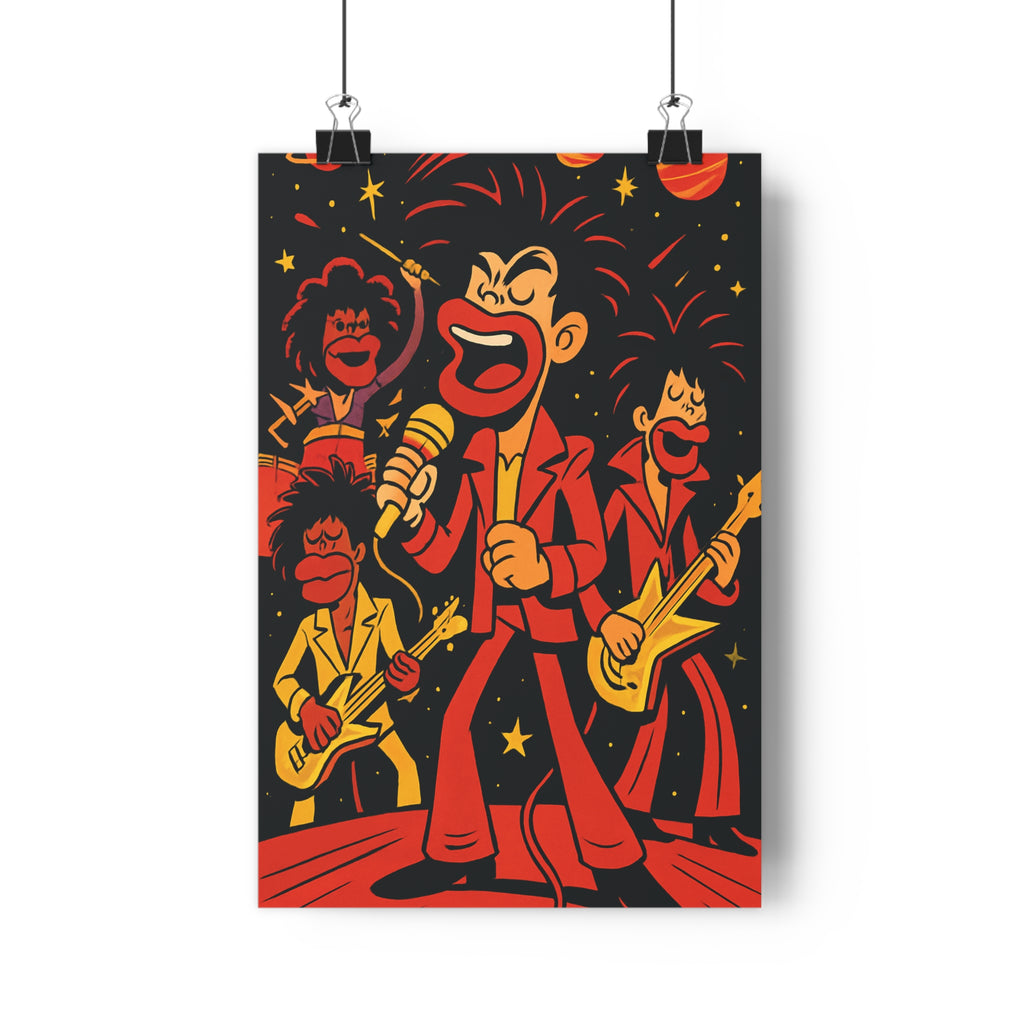 Poster décoratif rétrofuturiste rouge jaune noir musique scène cartoon salon dynamique interstellaire ambiance qualité