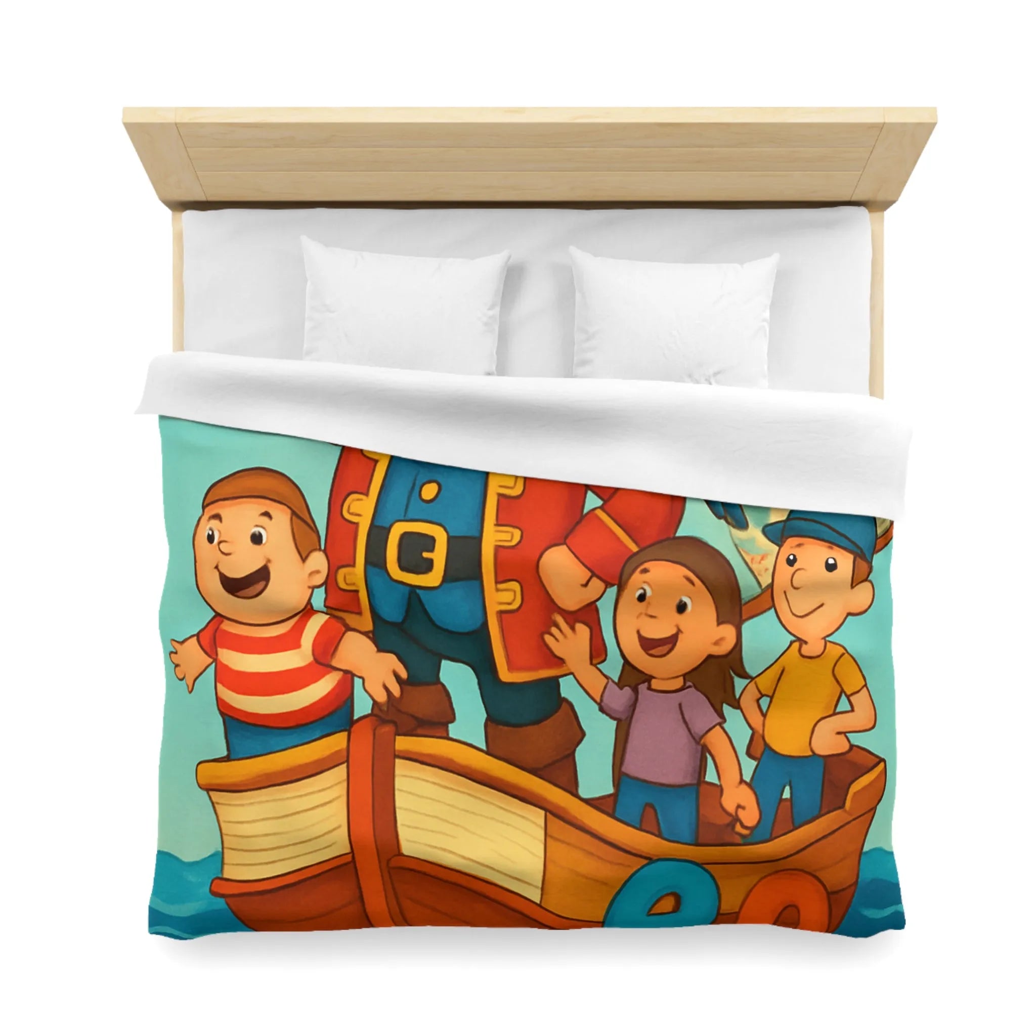 Housse de couette enfant pirate avec voyelles, perroquet et mer colorée