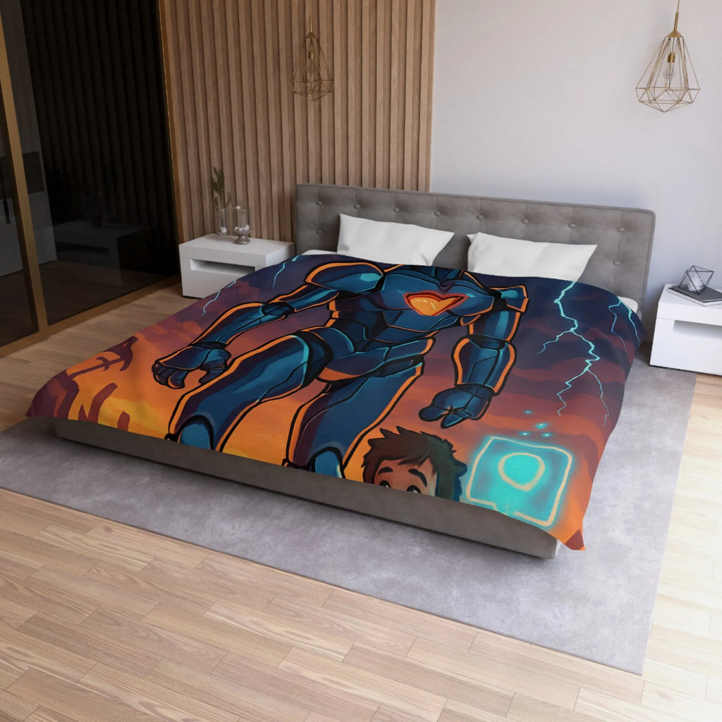 Housse de couette illustrée robot et enfant avec cœur lumineux et ciel orageux