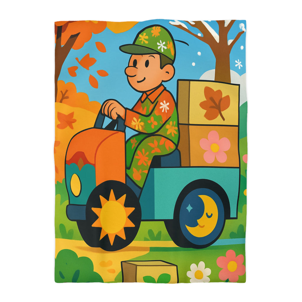 Housse de Couette Paisible Illustrant un Paysage Automnal avec Motifs Floraux et Naturels