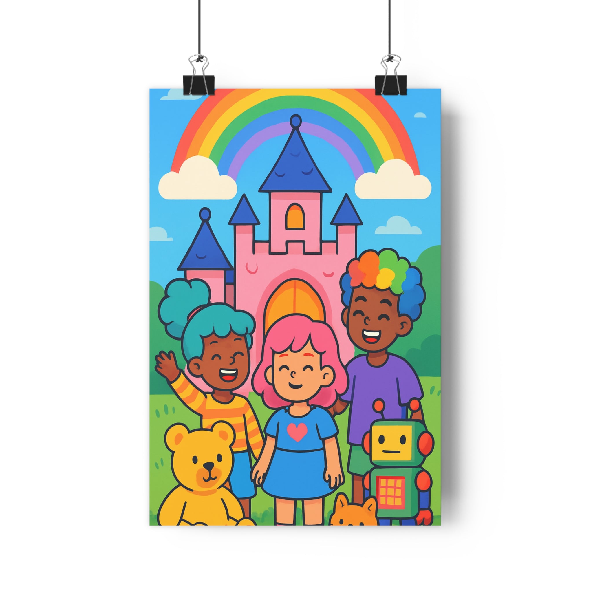 Poster décoratif anime coloré aventure joyeux chambre enfant ludique rose arcenciel château 30x46 cm