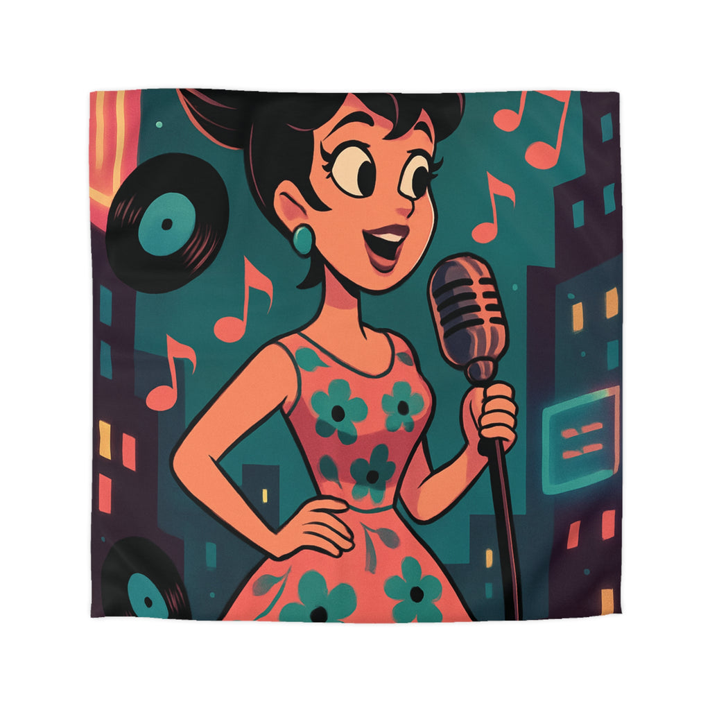 Housse de Couette Vintage Femme en Robe à Fleurs Chante Microphone Musique.