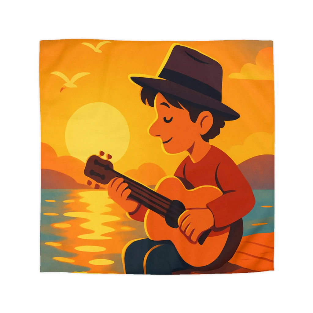 Housse de couette avec illustration relaxante d'un coucher de soleil et musicien