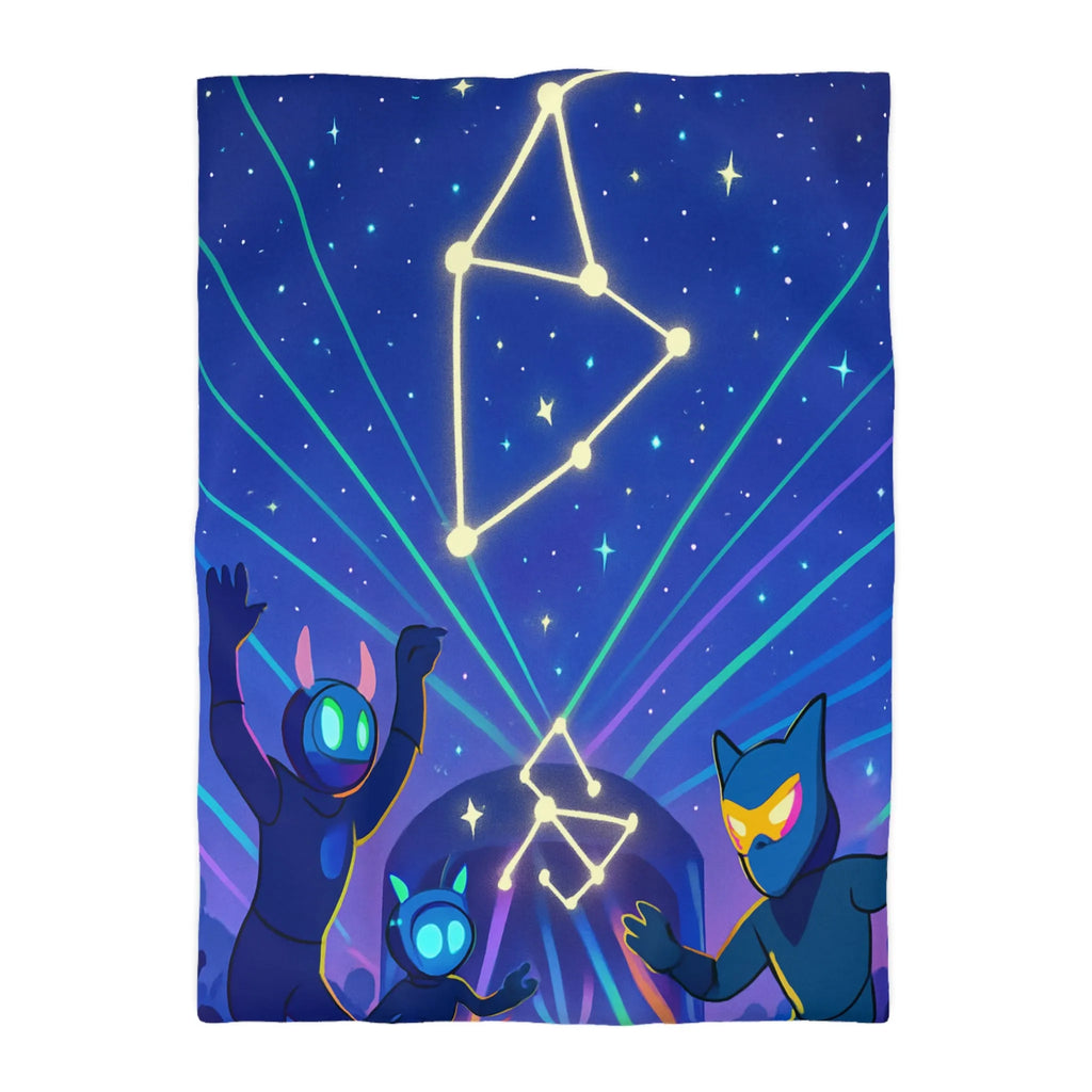 Housse de couette futuriste étoiles et créatures dansant sous un ciel étoilé lumineux