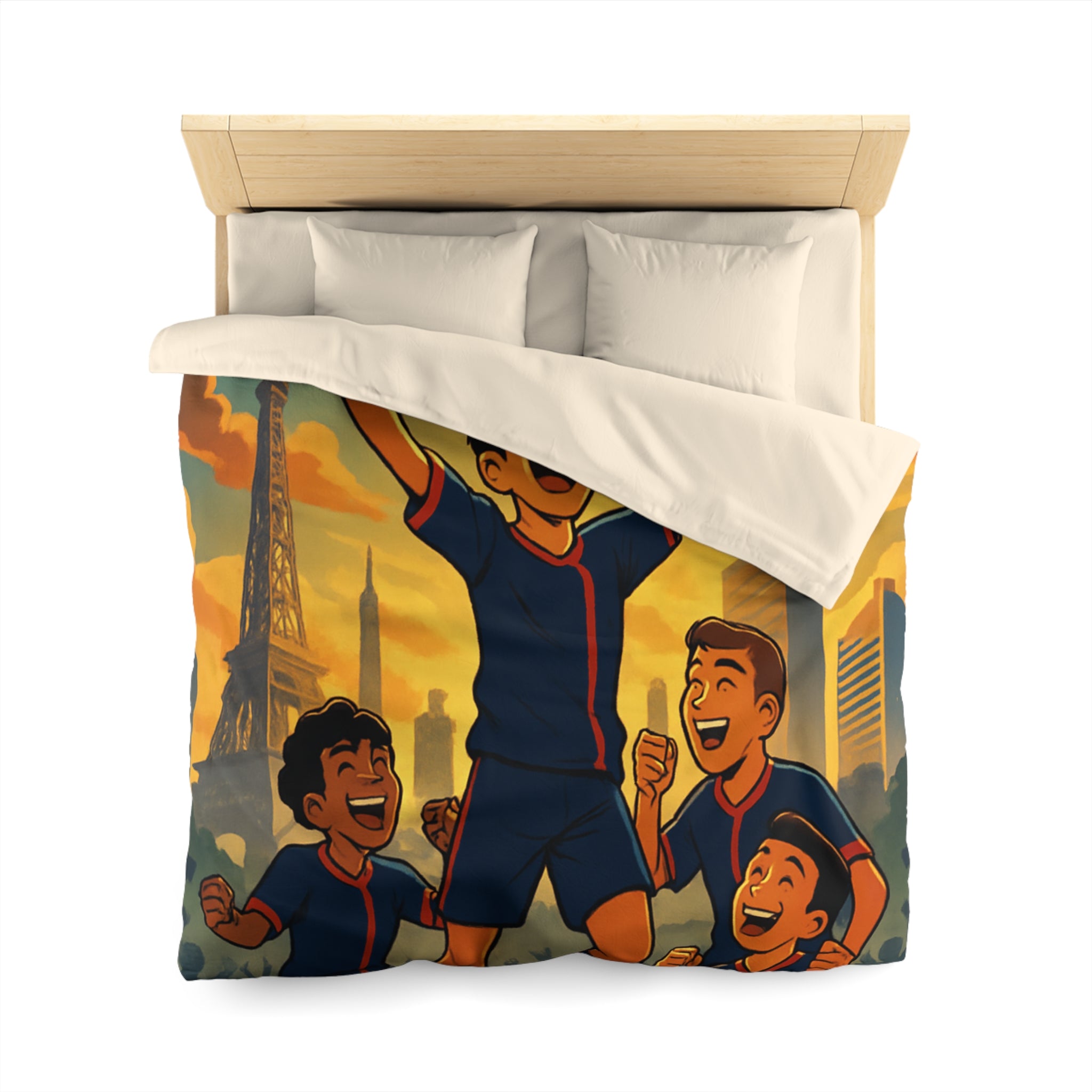 Housse de couette pour enfants avec footballeurs enthousiastes devant paysage urbain en coucher de soleil