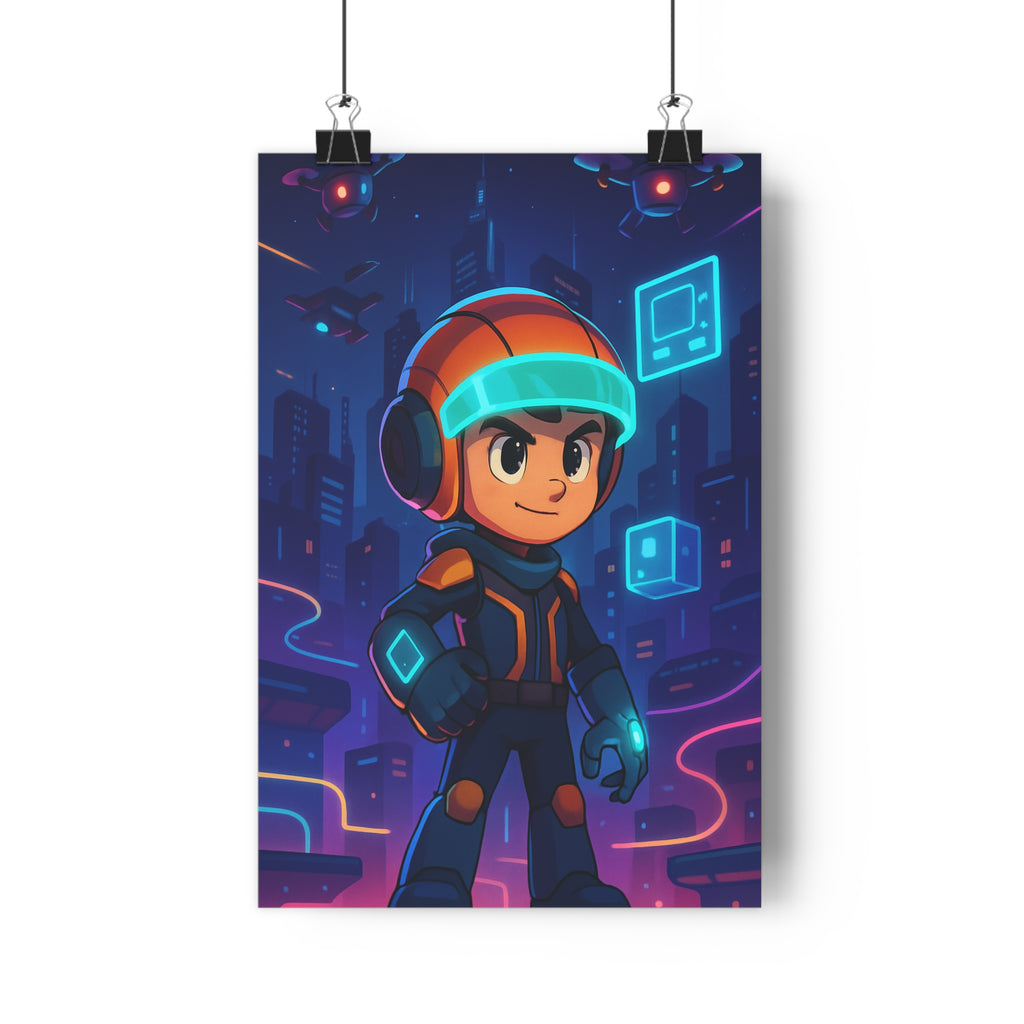 Poster décoratif futuriste bleu orange violet chambre gamer dynamique néons cyberanime 30x46 cm qualité