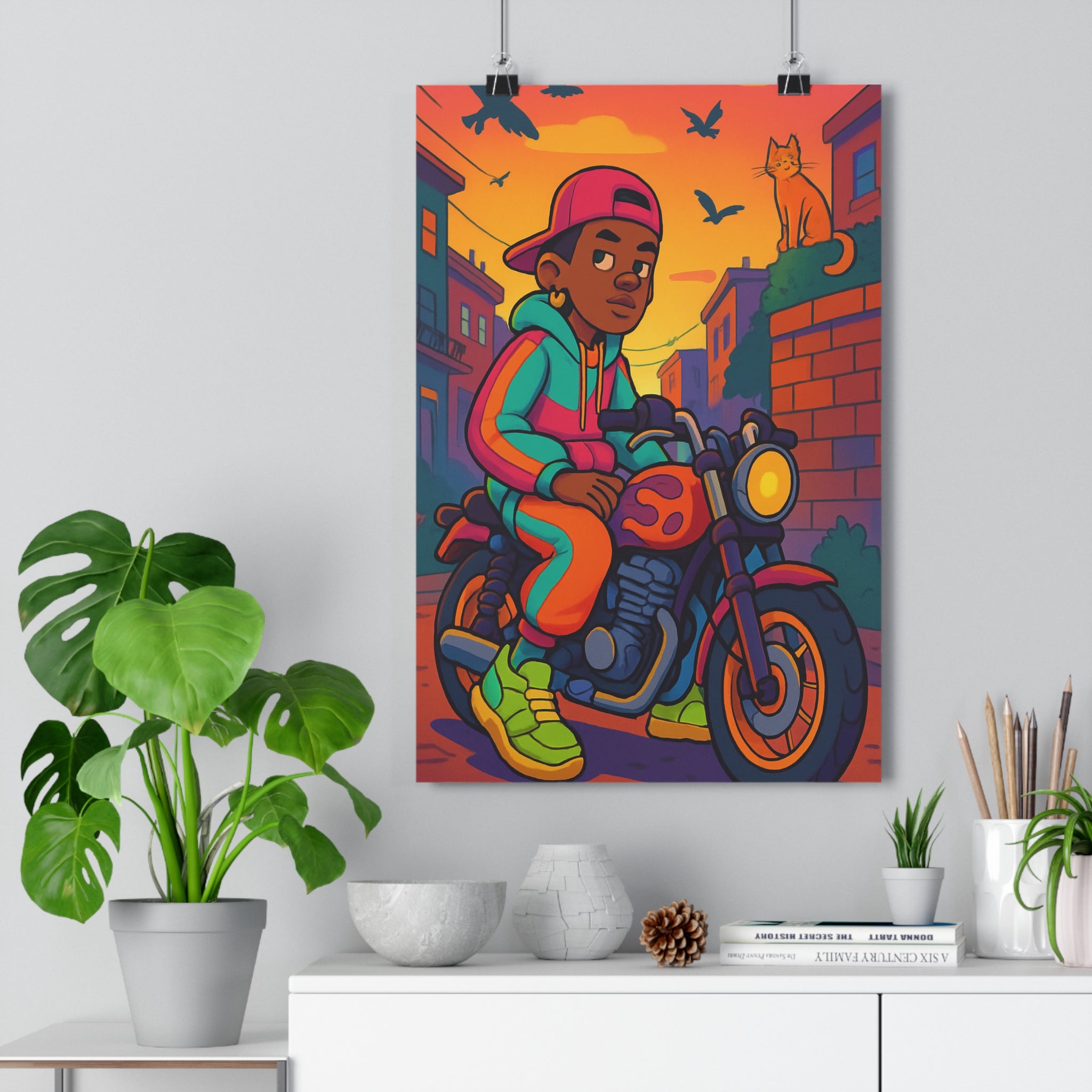 Poster décoratif moderne dessin animé coloré urbain coucher soleil chambre salon jeune homme moto