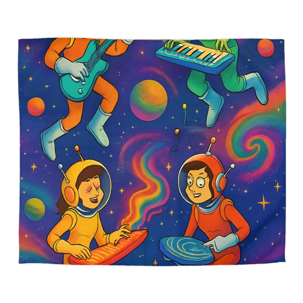 Housse de Couette Spatiale Psychédélique avec Astronautes Musiciens et Planètes Colorées