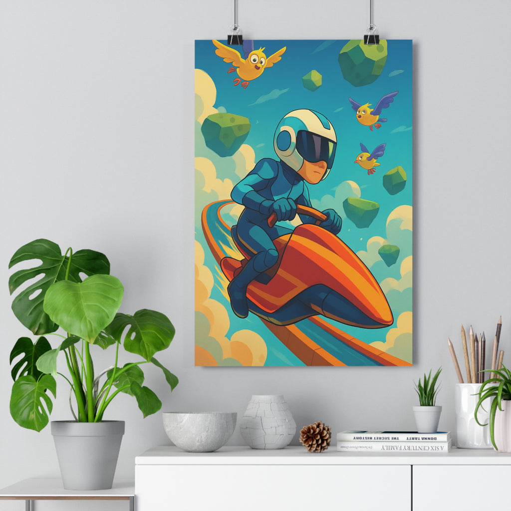 Poster décoratif futuriste bleu jaune orange animé joyeux chambre aventure dynamique muraux vivants 30x46