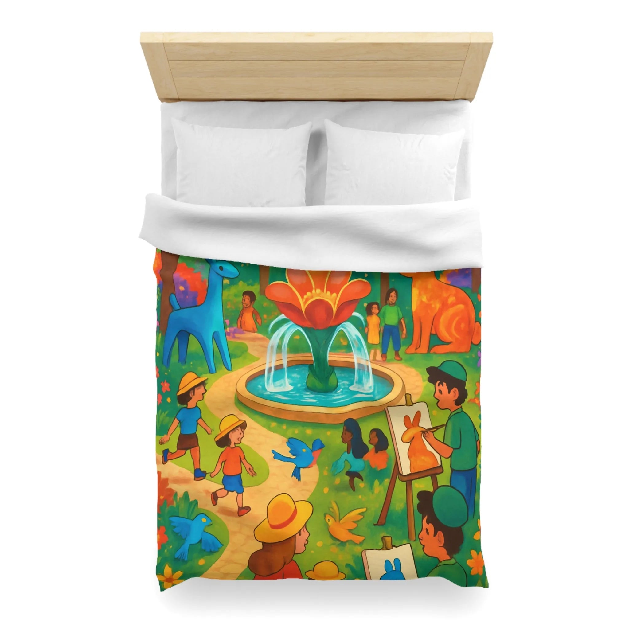 Housse de couette colorée avec animaux fantastiques, enfants et fontaine au parc artistique