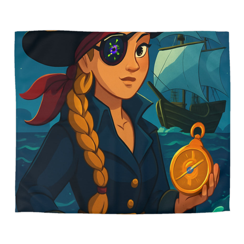Housse de couette pirate colorée avec femme audacieuse, boussole et bateau illuminé