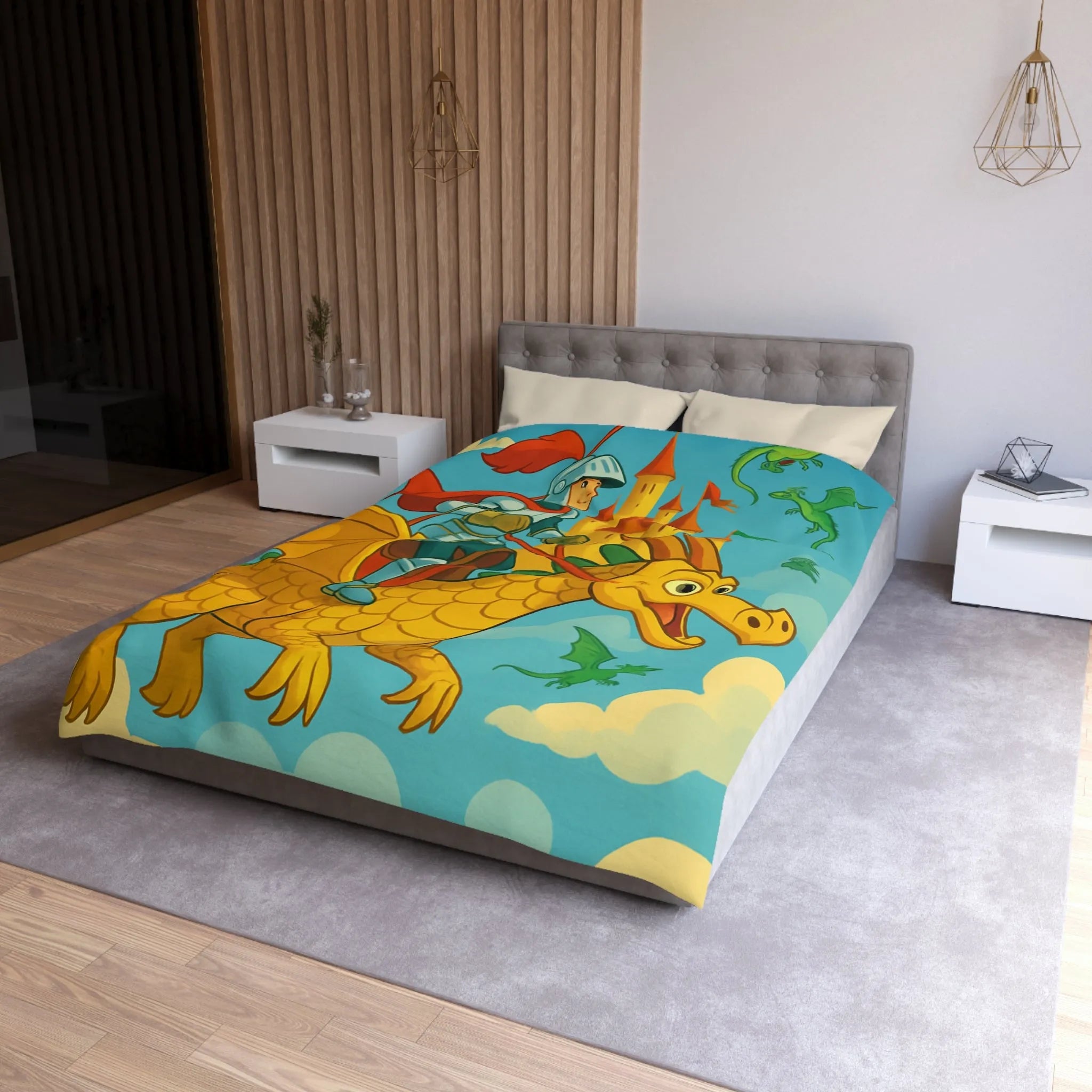 Housse de couette avec chevalier courageux chevauchant un dragon doré au-dessus château fantastique