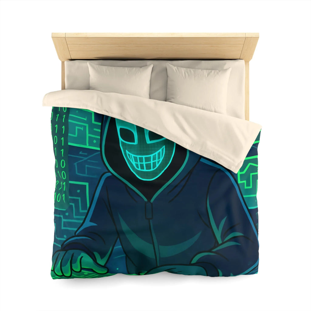 Housse de couette cyberpunk avec motif de hacker masqué et circuit numérique lumineux