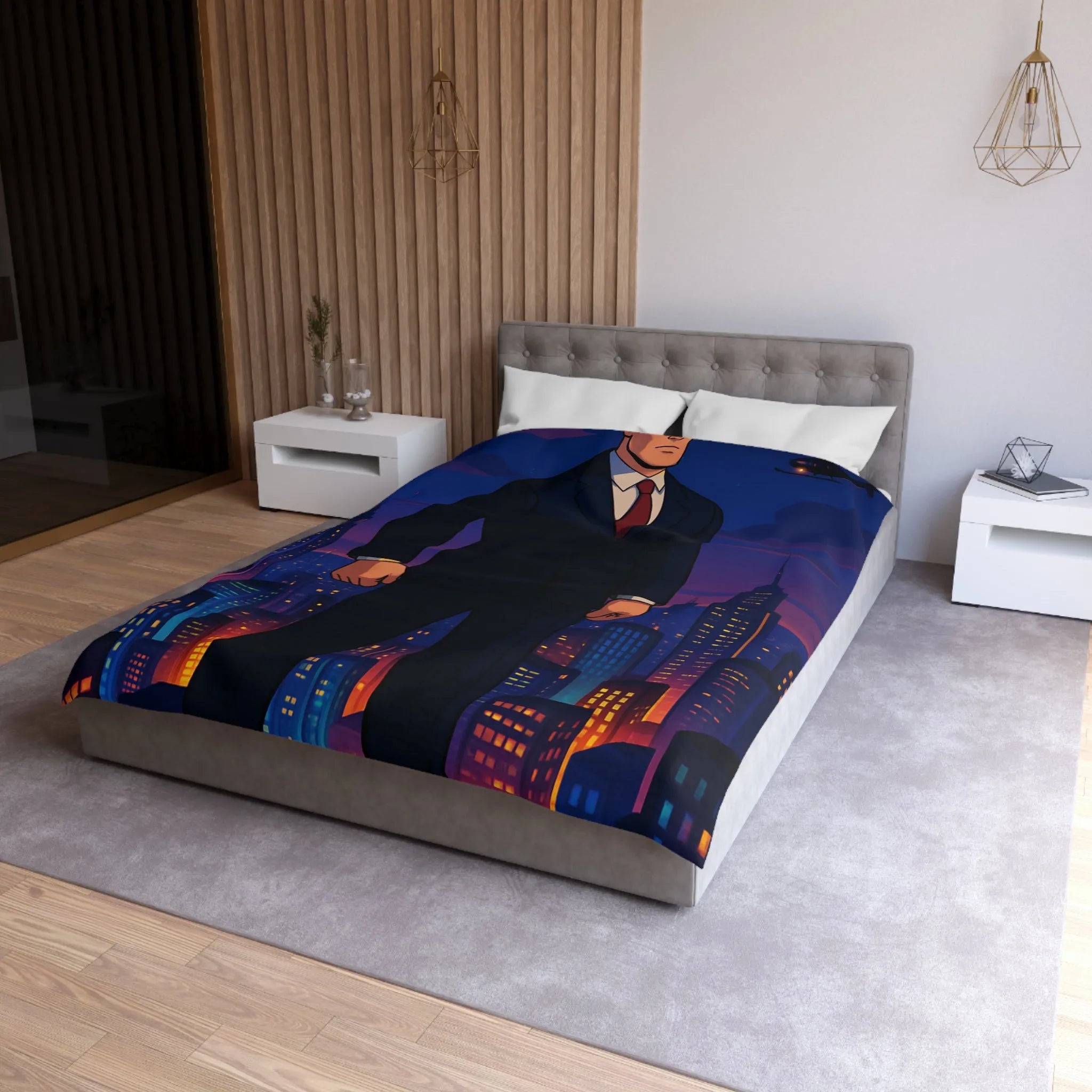 Héros musclé en costume noir observant la ville illuminée au crépuscule animé