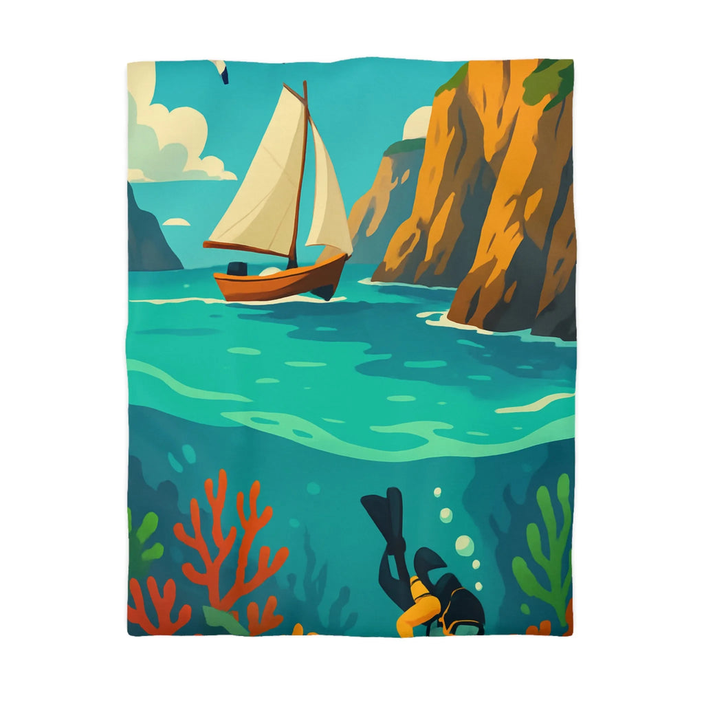 Housse de couette maritime avec plongée, voilier, falaises et récifs colorés