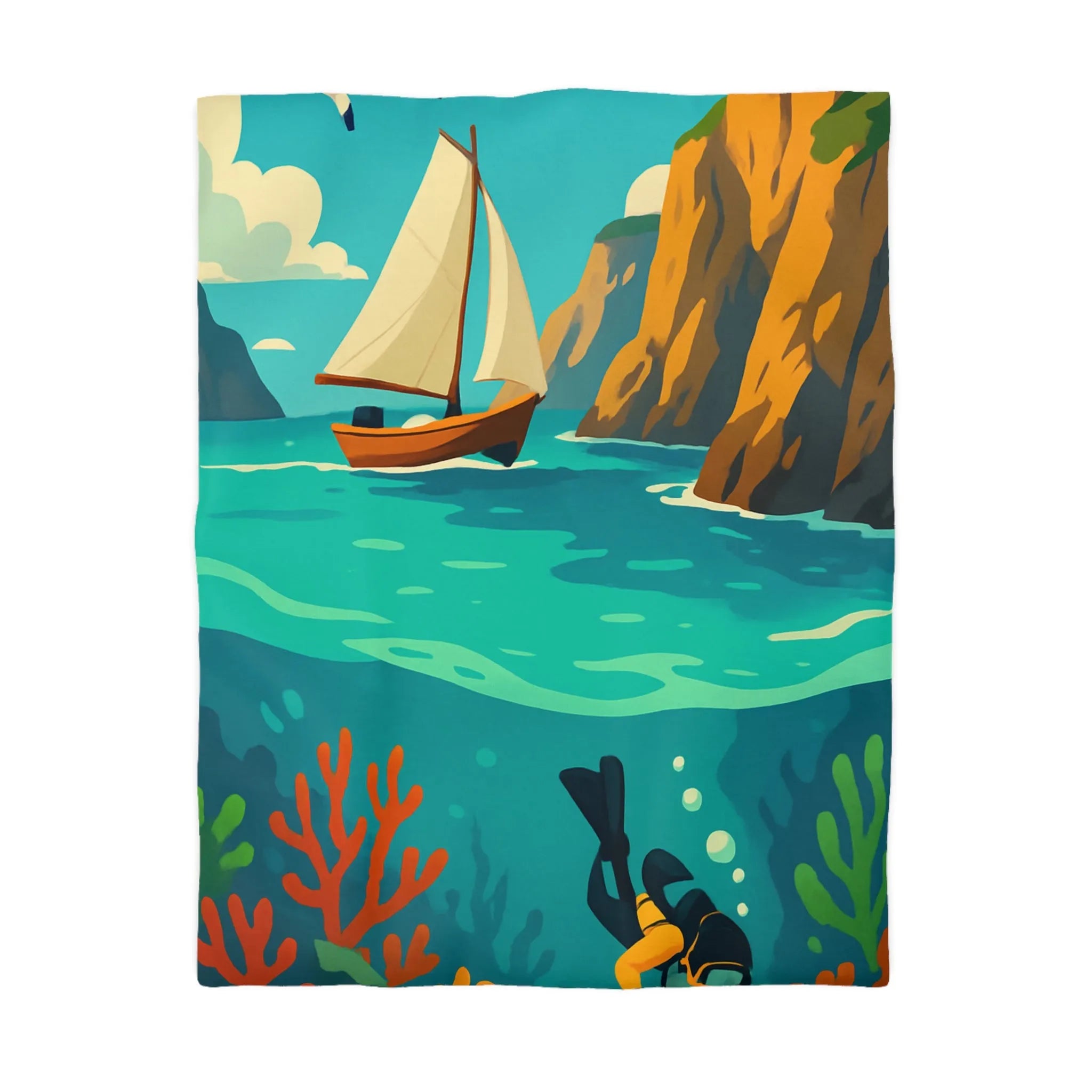 Housse de couette maritime avec plongée, voilier, falaises et récifs colorés