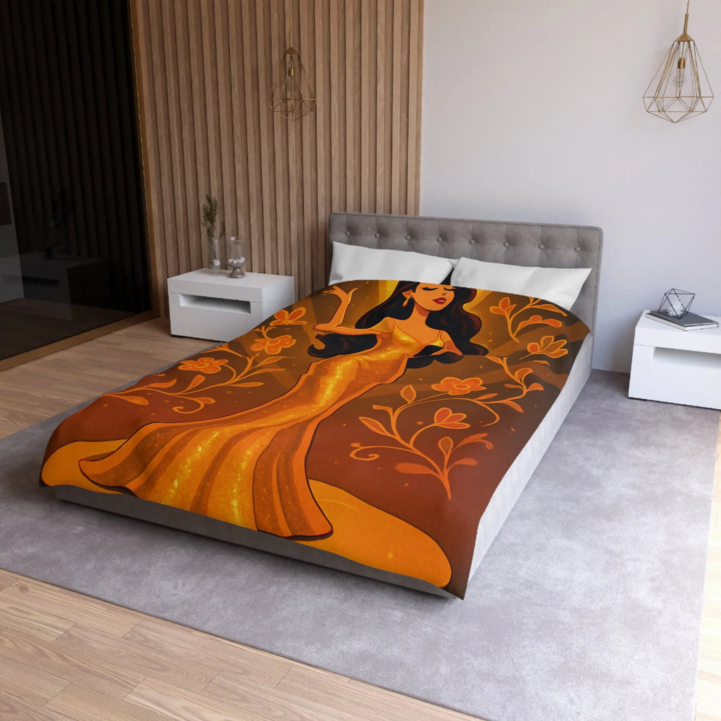 Élégante illustration de femme en robe dorée longue avec fleurs et effets lumineux