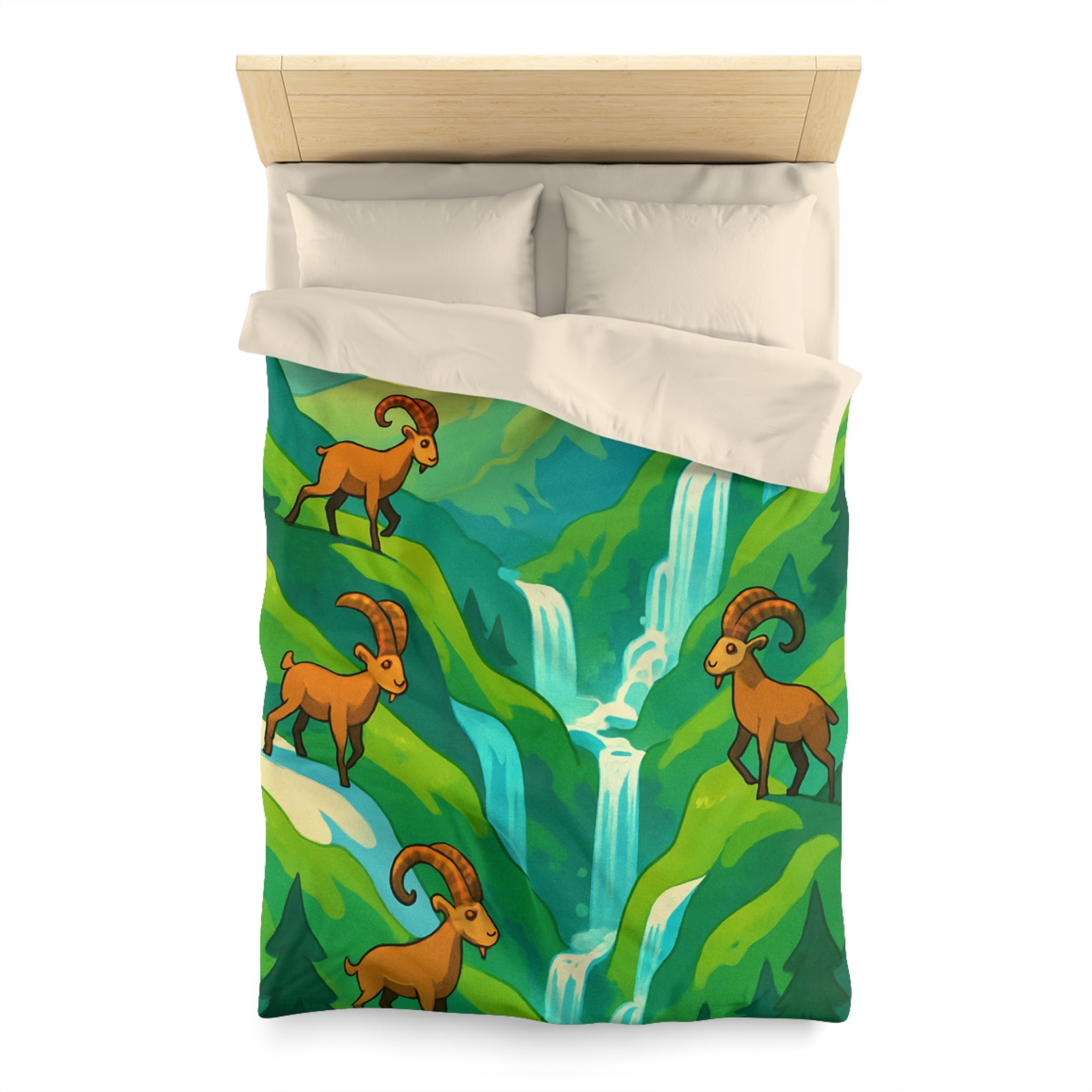 Housse de couette montagneuse avec bouquetins et cascades pour chambre paisible