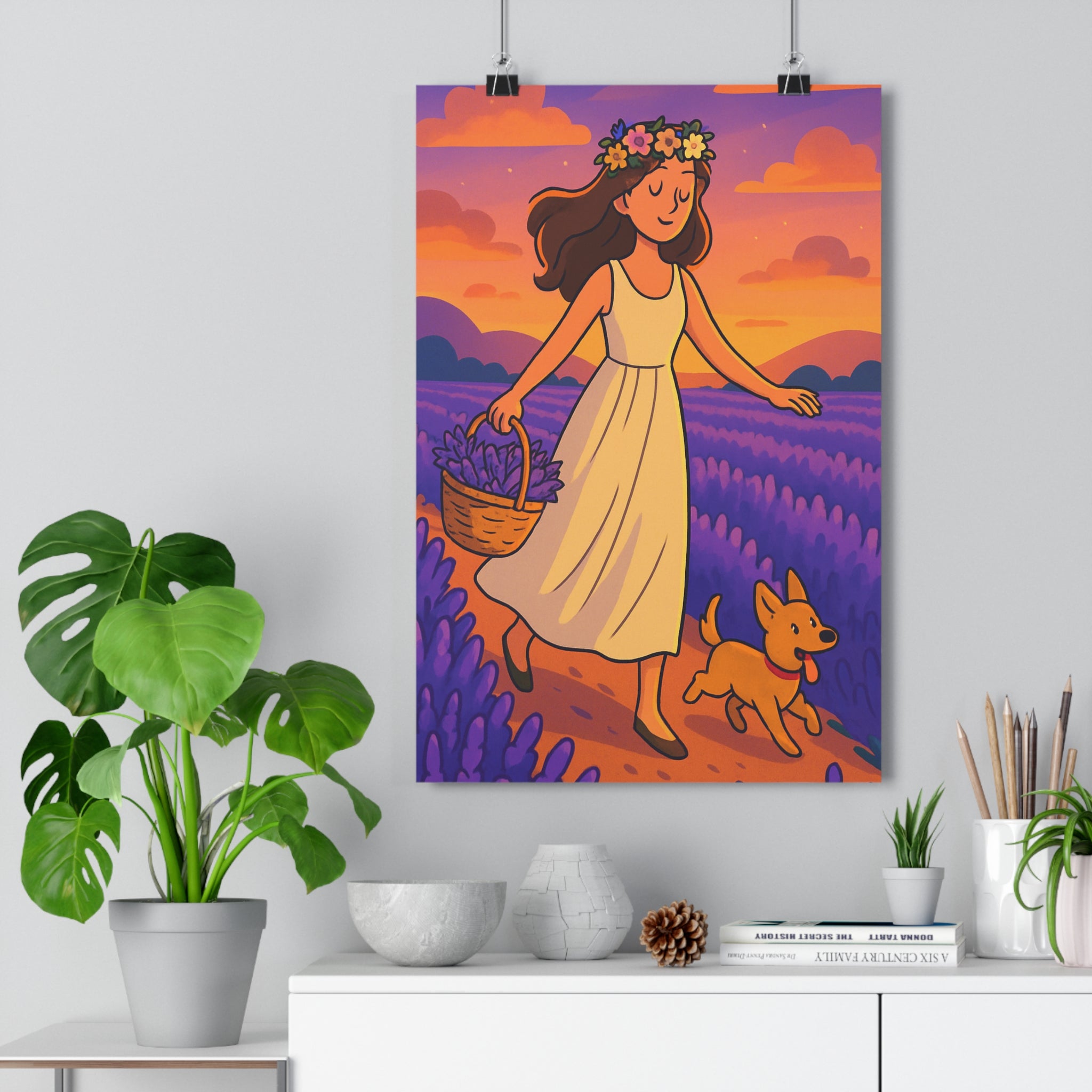 Poster décoratif bohème cartoon lavande chien blanc fleurs joyeux apaisant chambre salon 30x46 cm