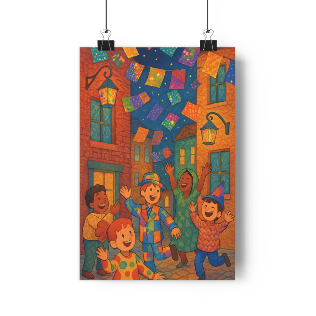 Poster décoratif coloré joyeux enfant rue fête guirlandes lanternes vibrant moderne scène mur qualité