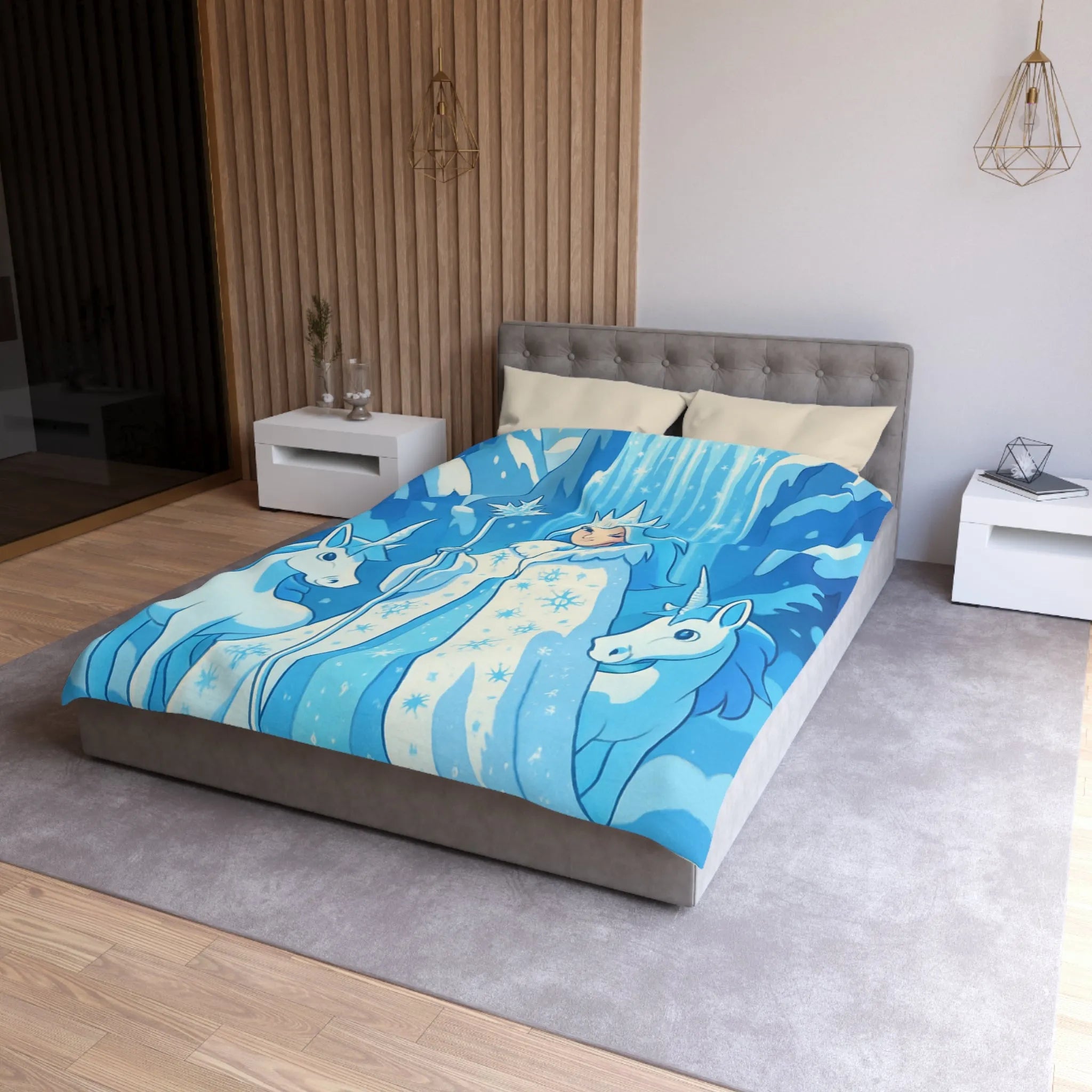 Housse de couette féerique avec reine des neiges, licornes et cascade magique