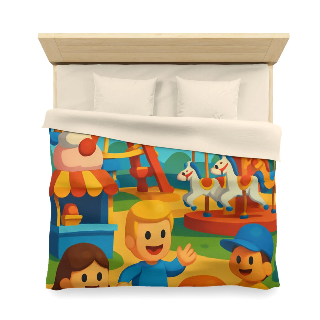 Housse de couette joyeuse avec motifs de fête foraine colorée et enfants souriants