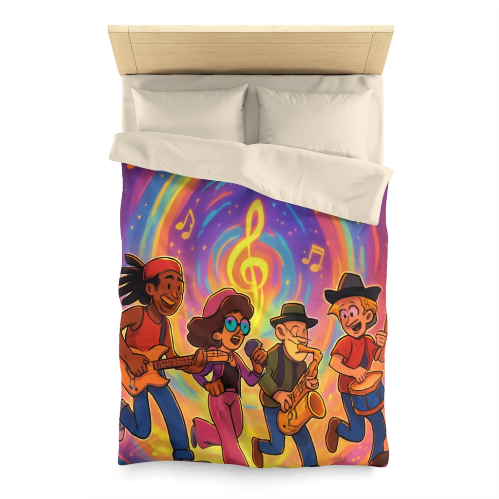 Housse de couette animée avec quatre musiciens et notes colorées en spirale lumineuse