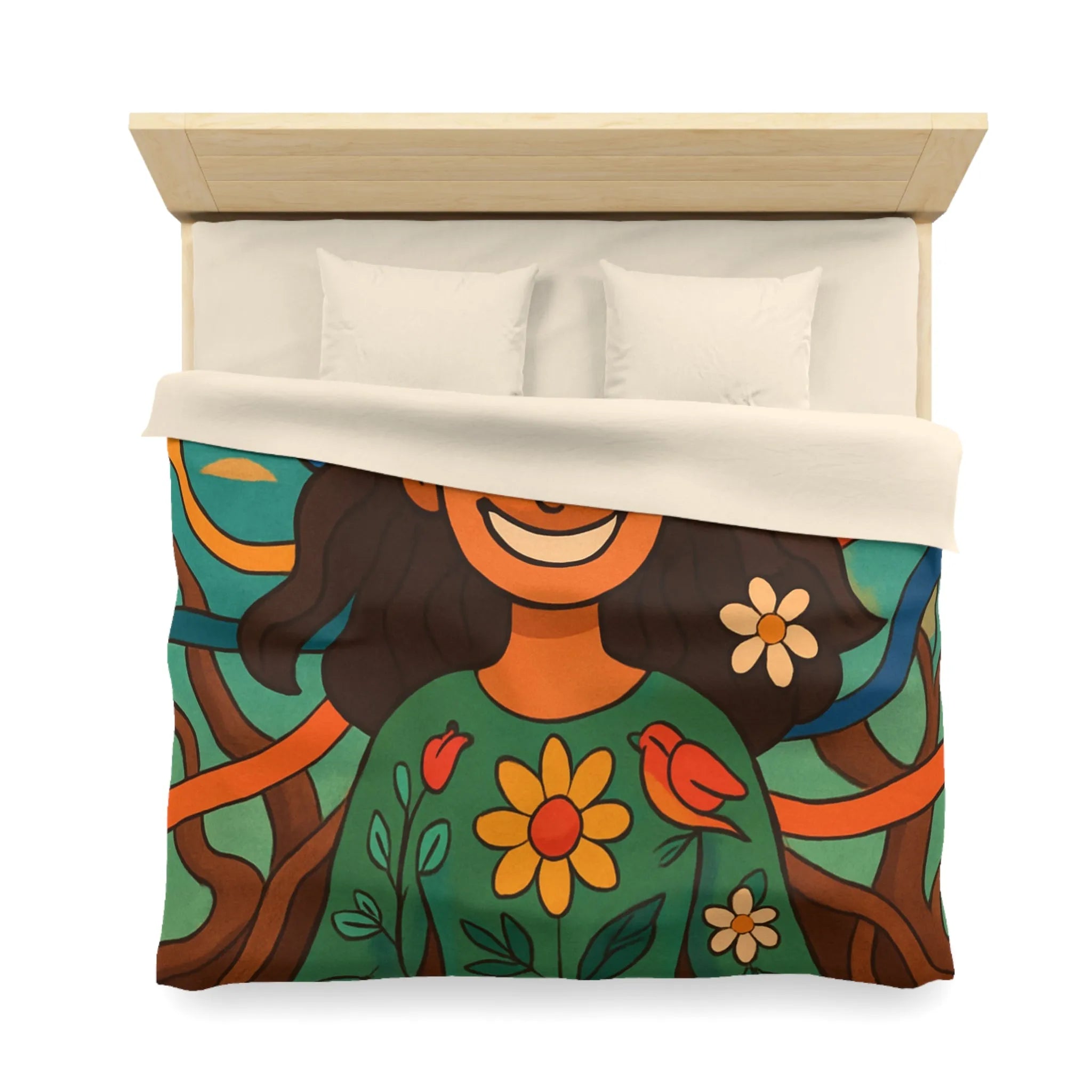 Housse de couette art paisible : femme méditant sous arbre aux couleurs vives