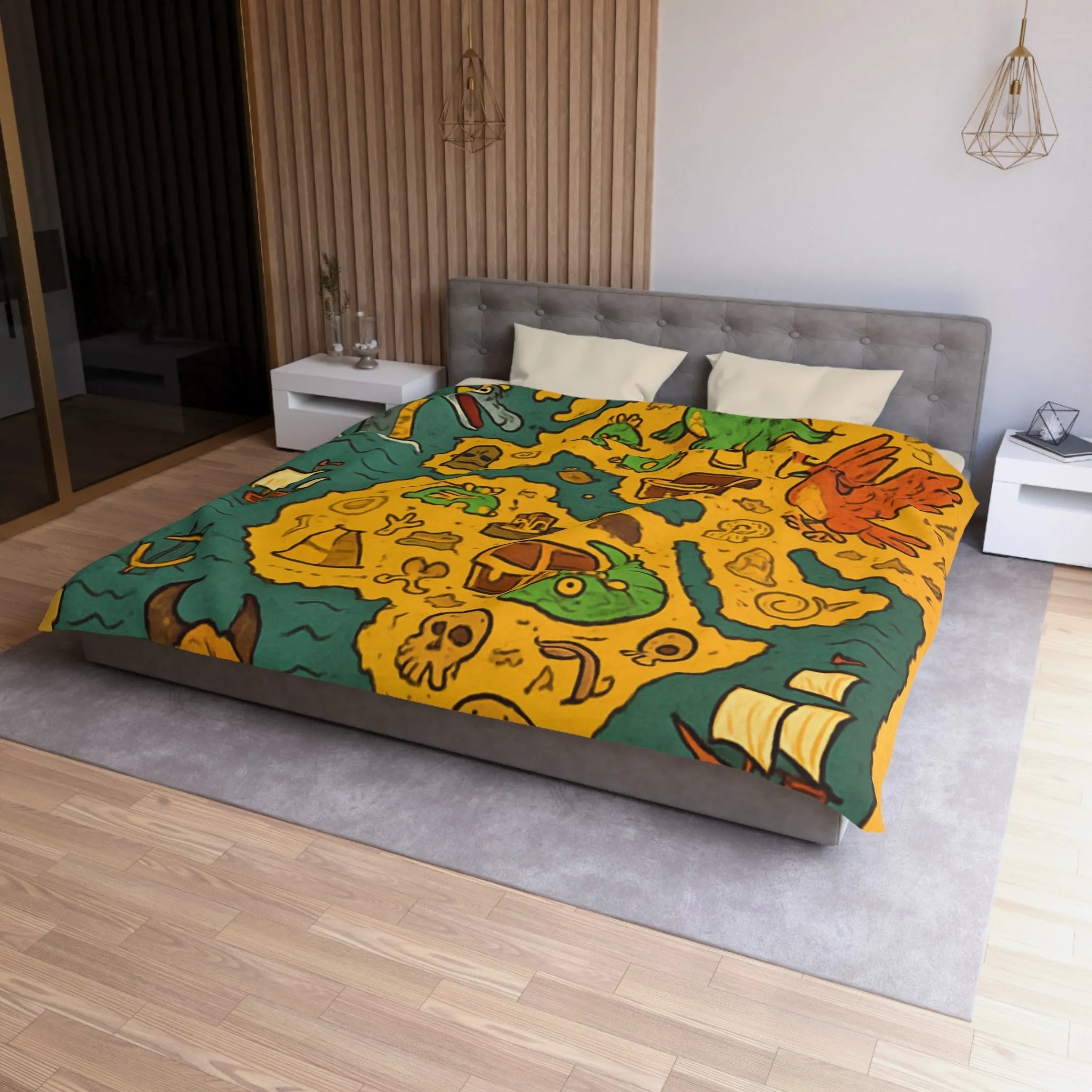 Housse de couette carte imaginaire avec dragons, dinosaures et trésors pour enfants aventuriers