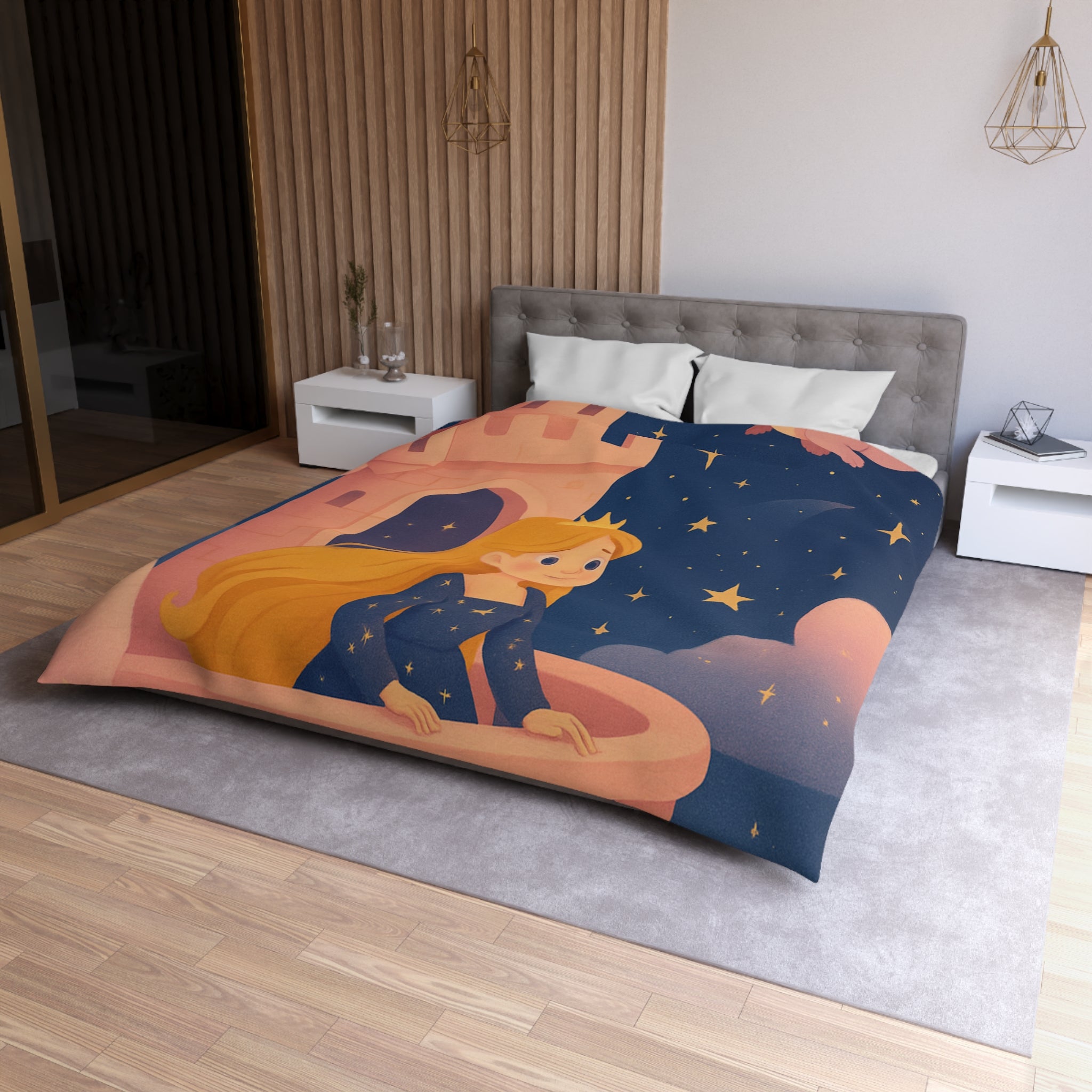 Housse de couette princesse rêveuse château et dragon volant étoiles scintillantes nuit