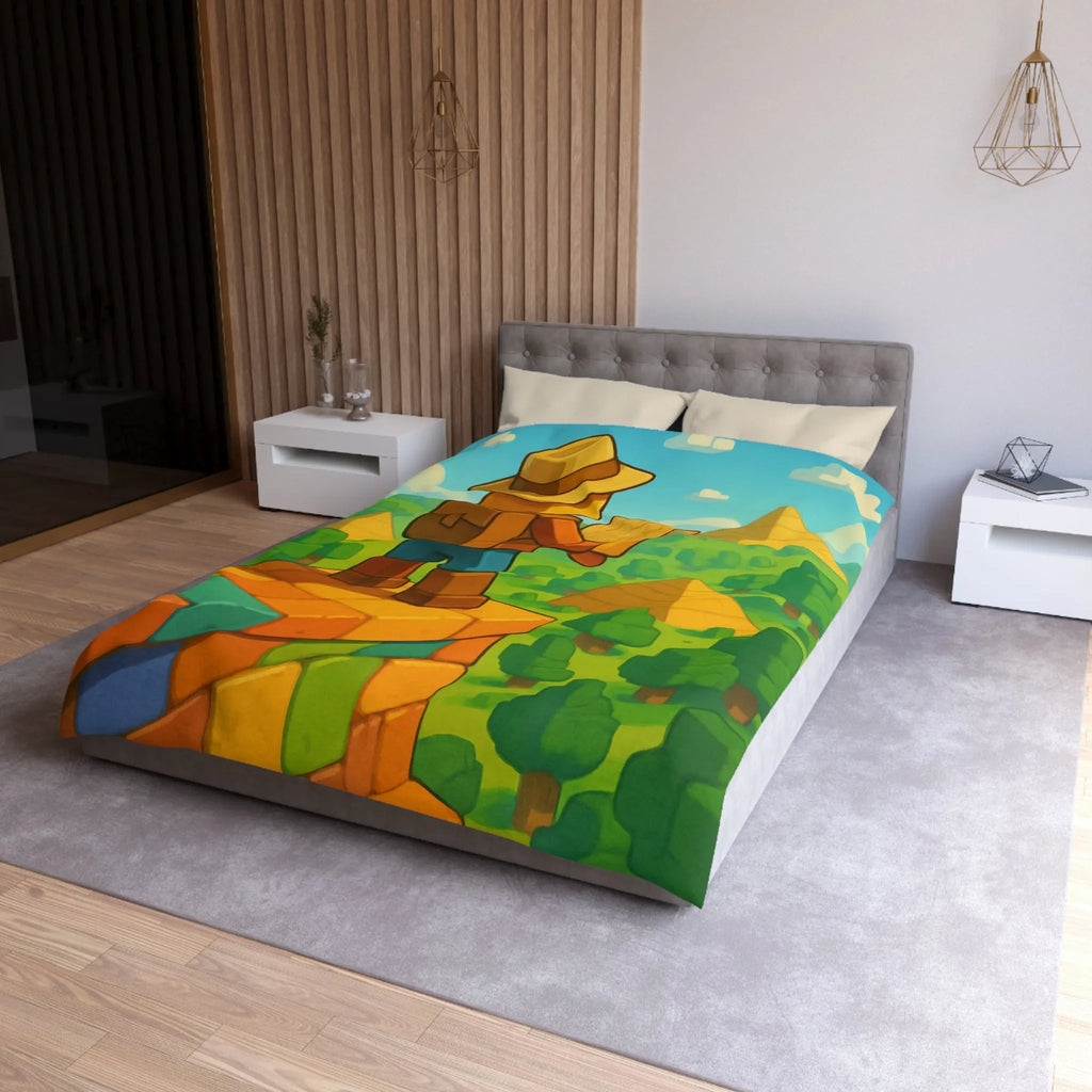 Housse de Couette Ludique Aventure Pixelisée Explorateur Carte Forêt Pyramide Enfant