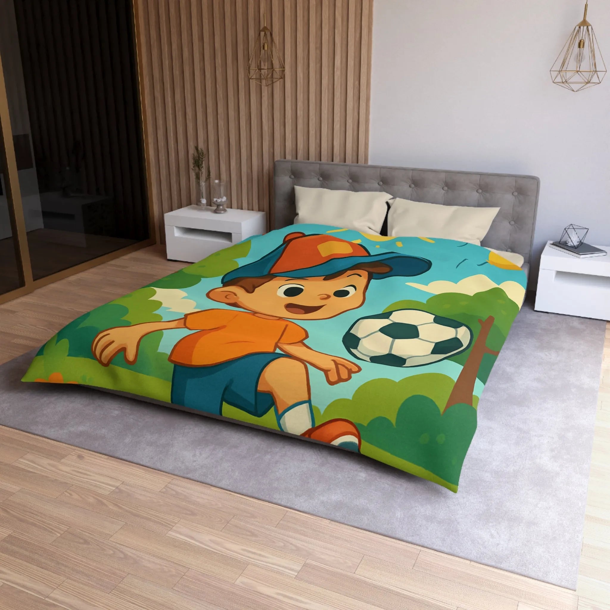 Housse de Couette Enfantine avec Garçon Jouant au Football Sous Soleil et Ballons