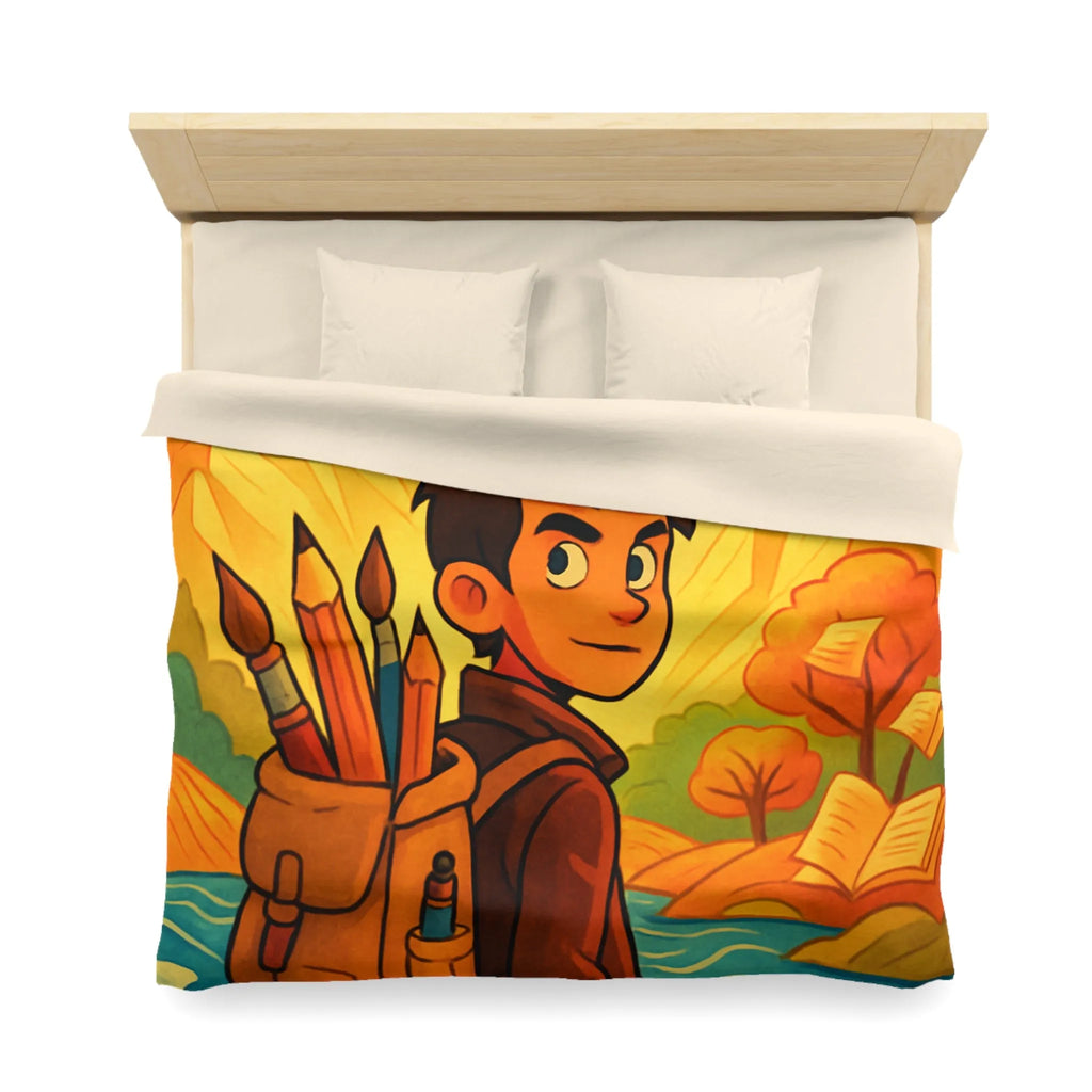 Housse de couette artistique colorée avec paysage lumineux et personnage aventureux dessiné