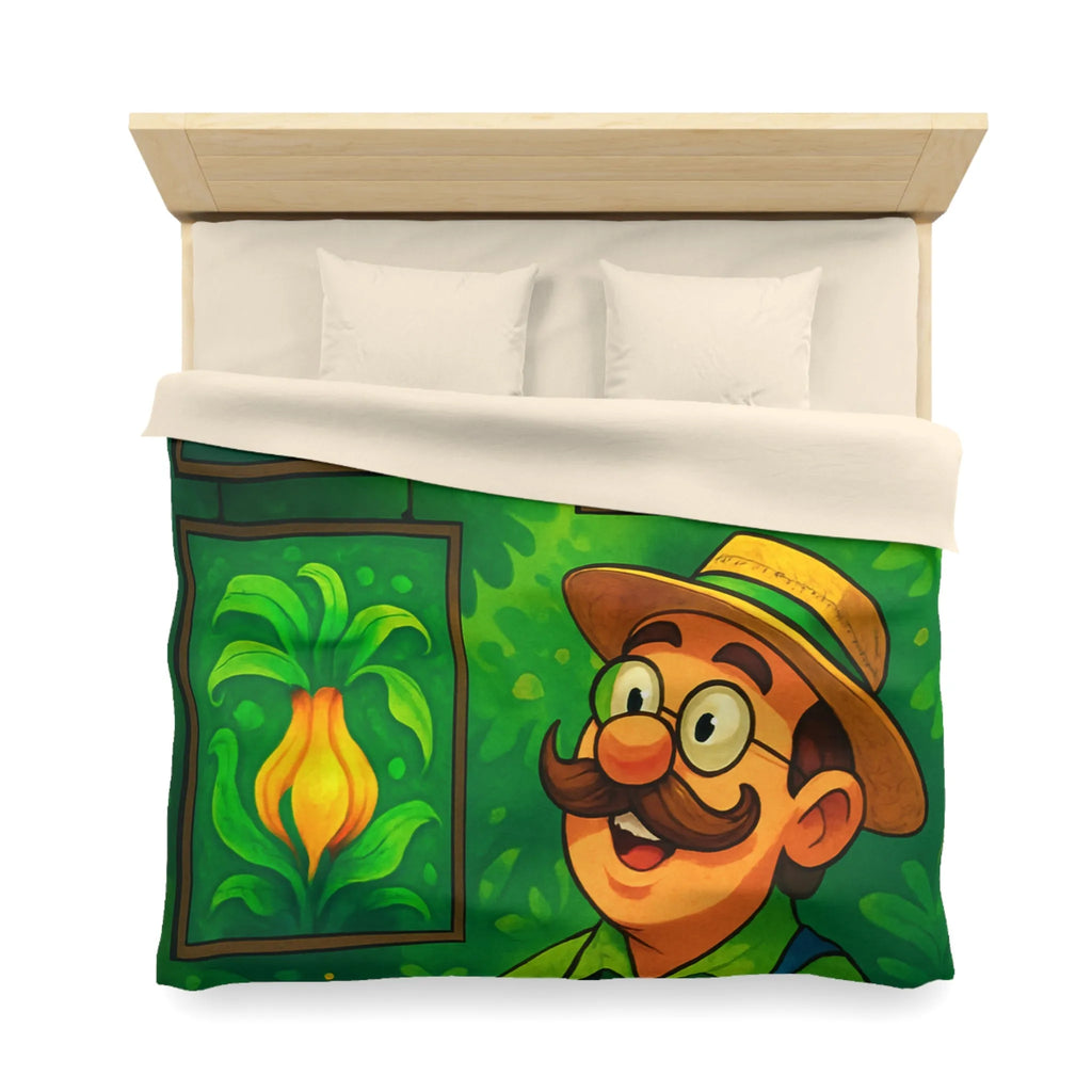 "Housse de Couette Motif Tropical avec Fleurs Exotiques et Jardinier Heureux Illustré"