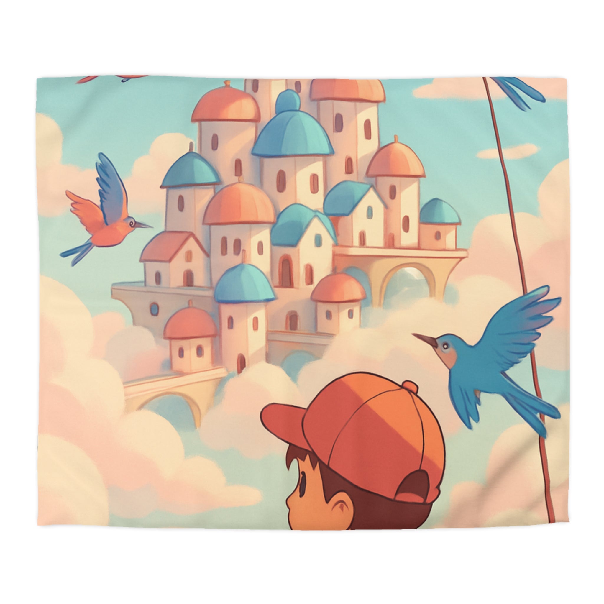 Housse de couette rêveuse avec enfant explorant un château céleste parmi les nuages