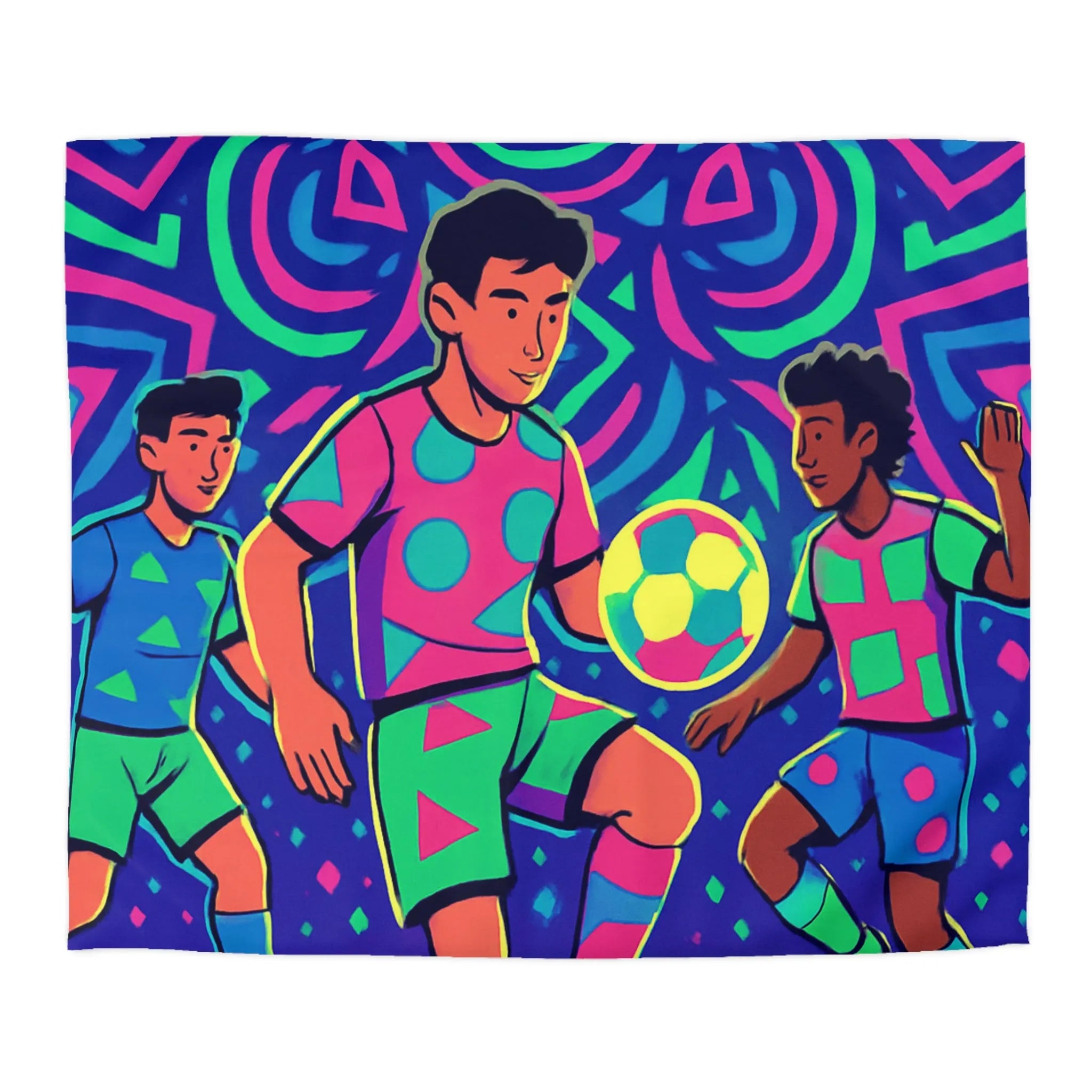 Housse de Couette Football Colorée avec Motifs Psychédéliques et Jeunes Joueurs en Action