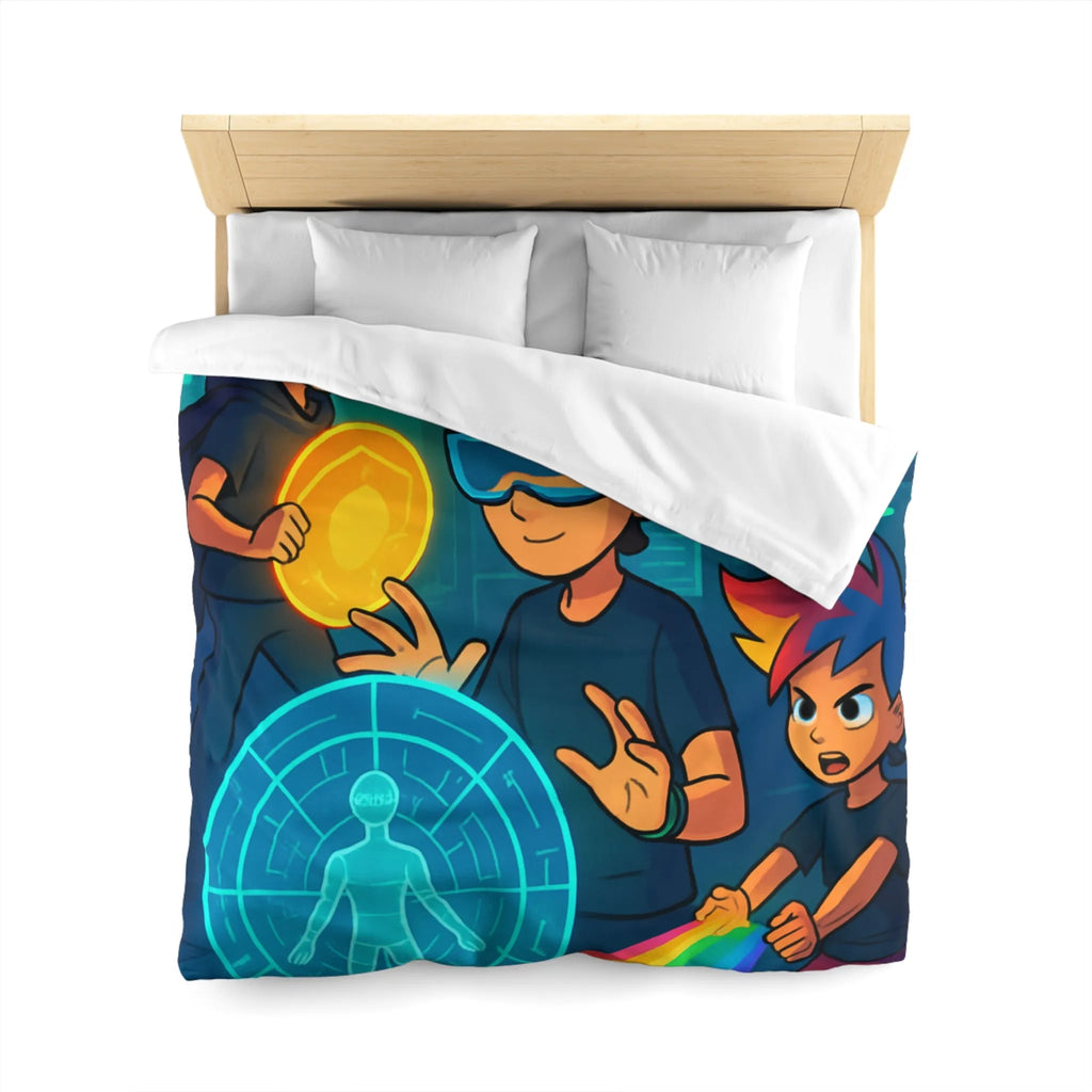 Housse de couette colorée avec enfants explorant un monde futuriste numérique et lumineux