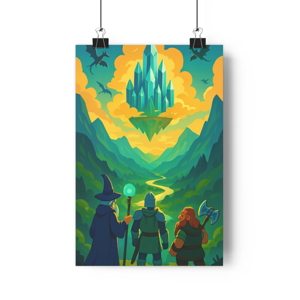 Poster décoratif fantastique magique dessin animé vert bleu aventure chambre enfant épique dragons montagnes