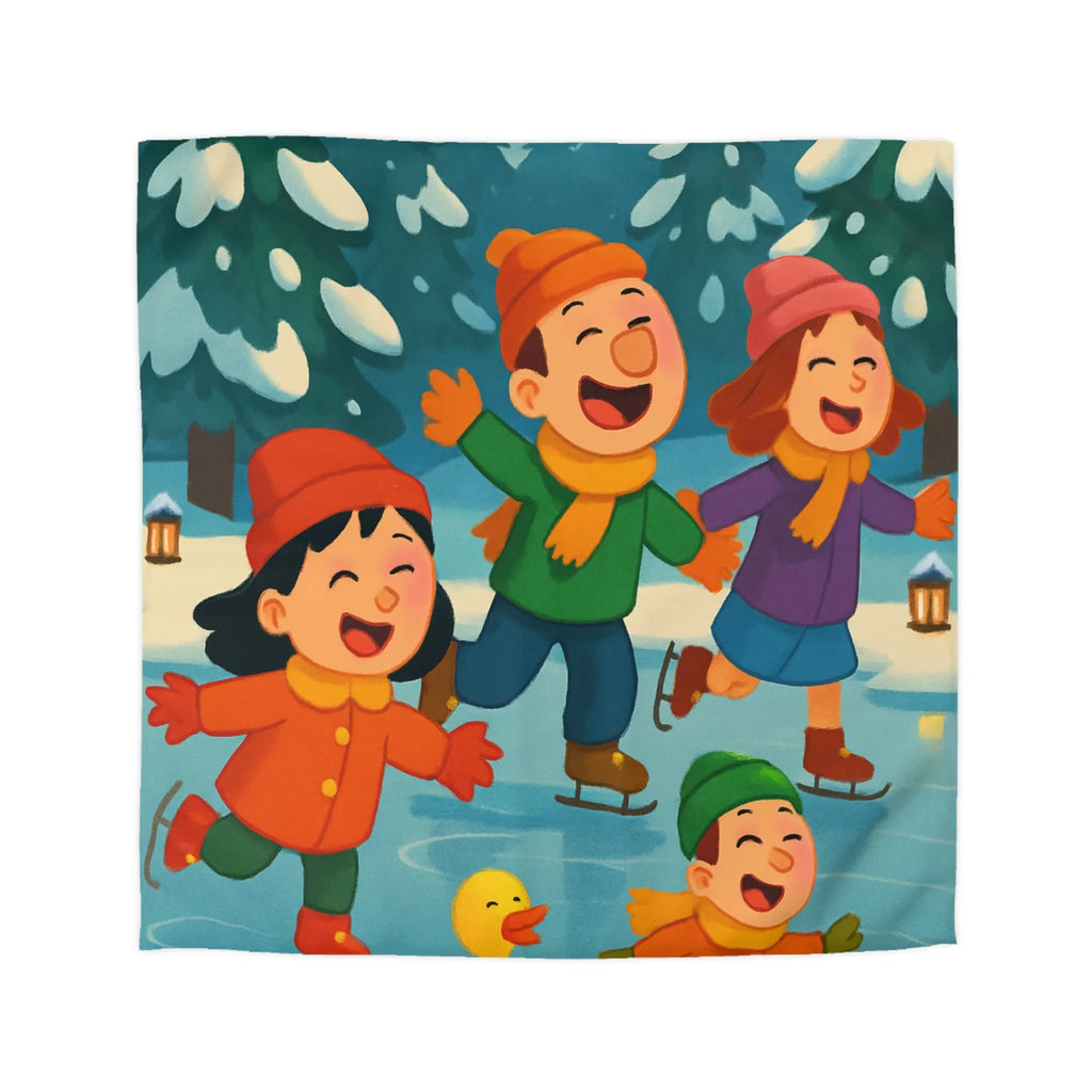 Housse de couette hiver joyeuse avec enfants et petits canards patinant sur glace
